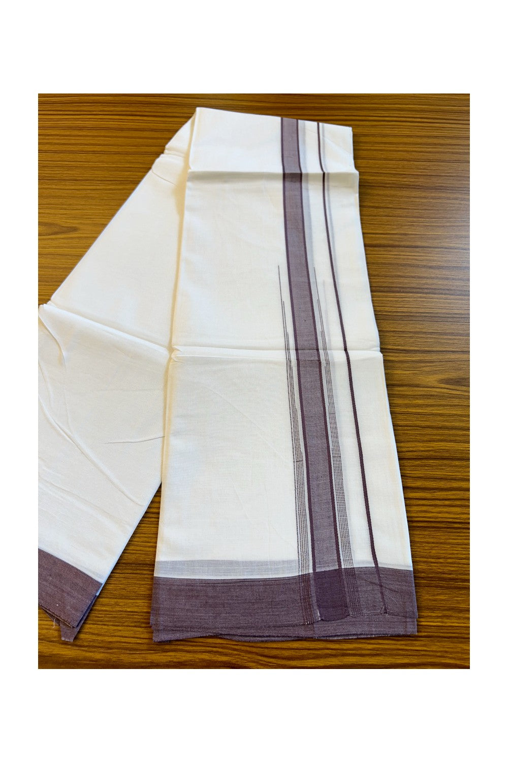 22% DISCOUNT!! Kaitharikada Balaramapuram 100% Cotton PURE WHITE Double Mundu/Dothi-100x100 2.5 Inch Grey Purple Striped Cotton Kara 3.80m (8 Muzham) - 23KK74RAM