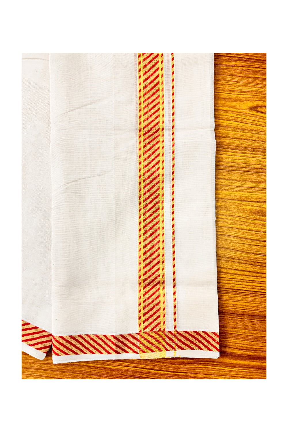 30% DISCOUNT ! KaithariKada HANDLOOM Unakkupaav Balaramapuram - 100% PURE Cotton 3.75 Meter Off White (Unbleached) Double Mundu/Dhoti - Brick Red Lines & KASAVU DESIGN 2.5 Inch KARA 3 mtr - ABH23