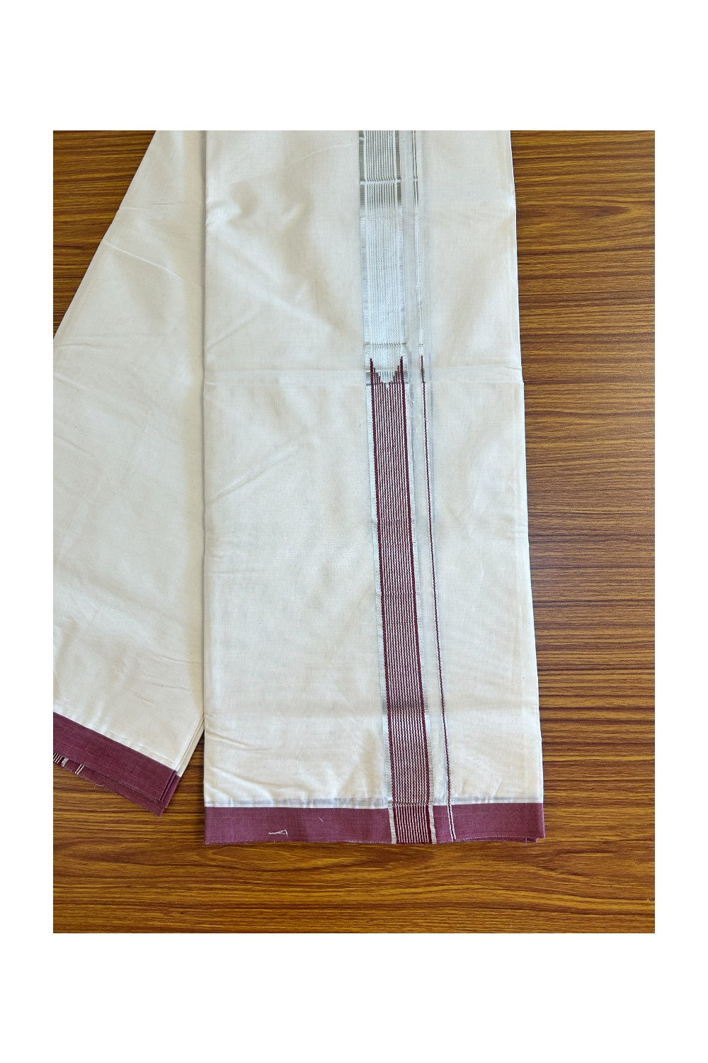 18% Discount !!KaithariKada Balaramapuram 100% Cotton Off White (Unbleached) Double Mundu/Dhoti-100x100 2.inch Heavy Chutty Silver Kasavu & Maroon- 23KK455ASH