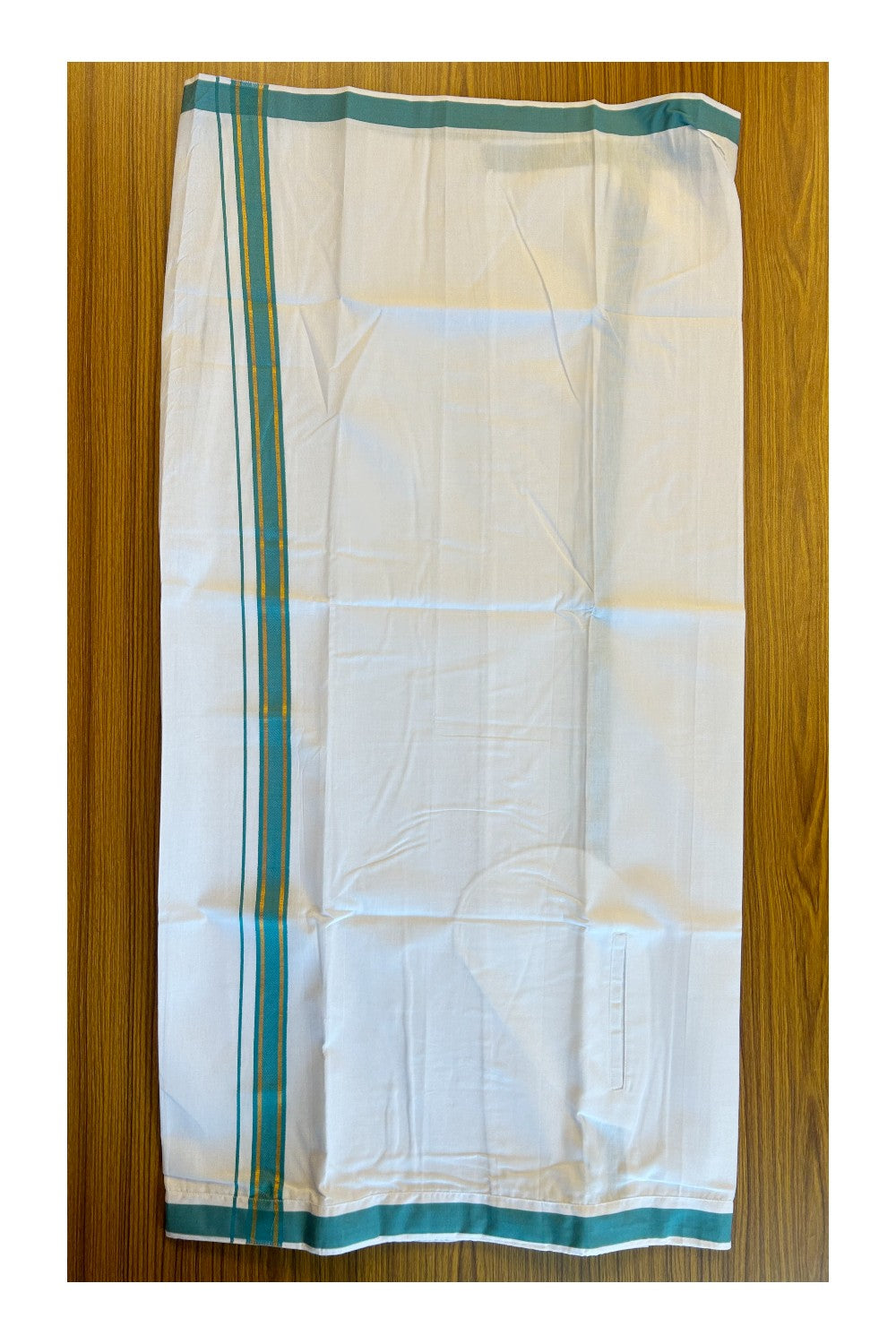 KaithariKada Balaramapuram Cotton Single Pure White Velcro Mundu/Dhoti - 1.75inch Peacock Green & Kasav kara (2 metre / 4 muzham) - 23KK485SRI