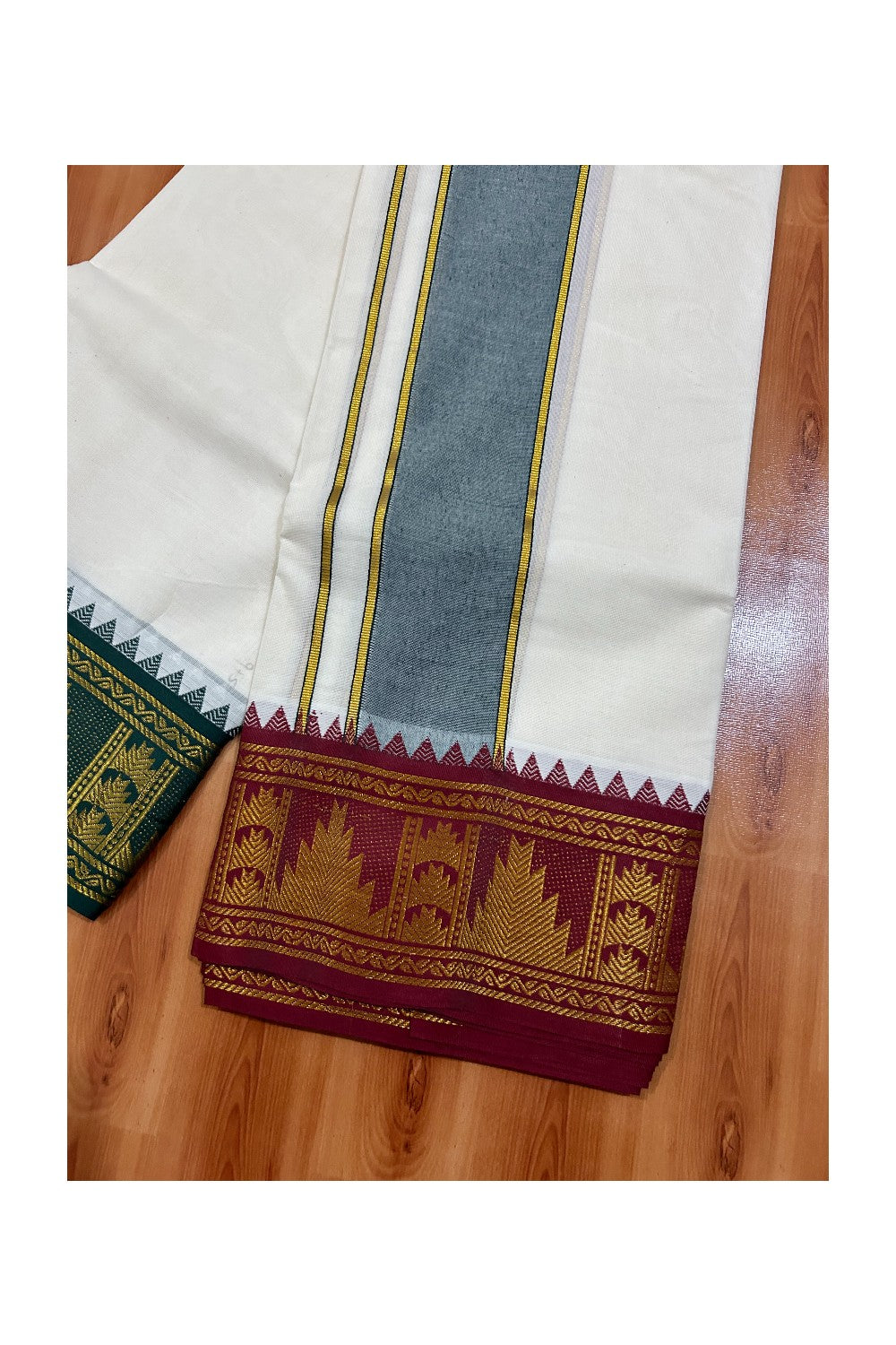 36% DISCOUNT! KaithariKada Cotton Mix Off White - (Unbleached) 80x80 thread -80%Cotton & 20% Polyester - NORTH INDIAN ATTACHED GAMCHA 9X5 Dhoti 4 inch Green kara with Maroon Kasavu border - 23KK5005PMC