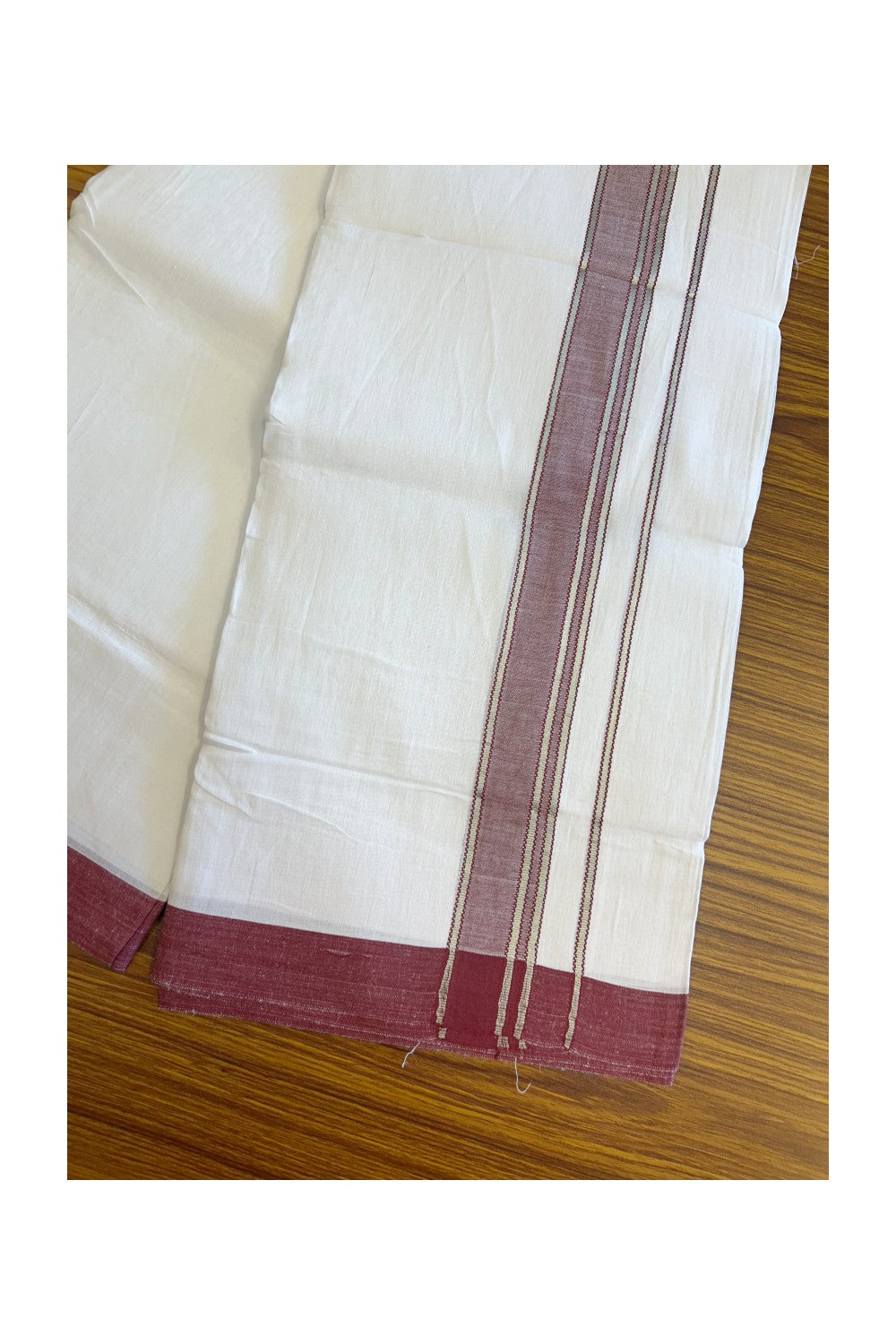 Linen Dhoti NEW! 20% Discount from Kaitharikada.com - Double Mundu/Dhoti 80x90 Thread PURE WHITE - Pure Cotton + Linen - 2.25 Inch Silver Kasavu Maroon Shaded design Kara - 42KK5115THI