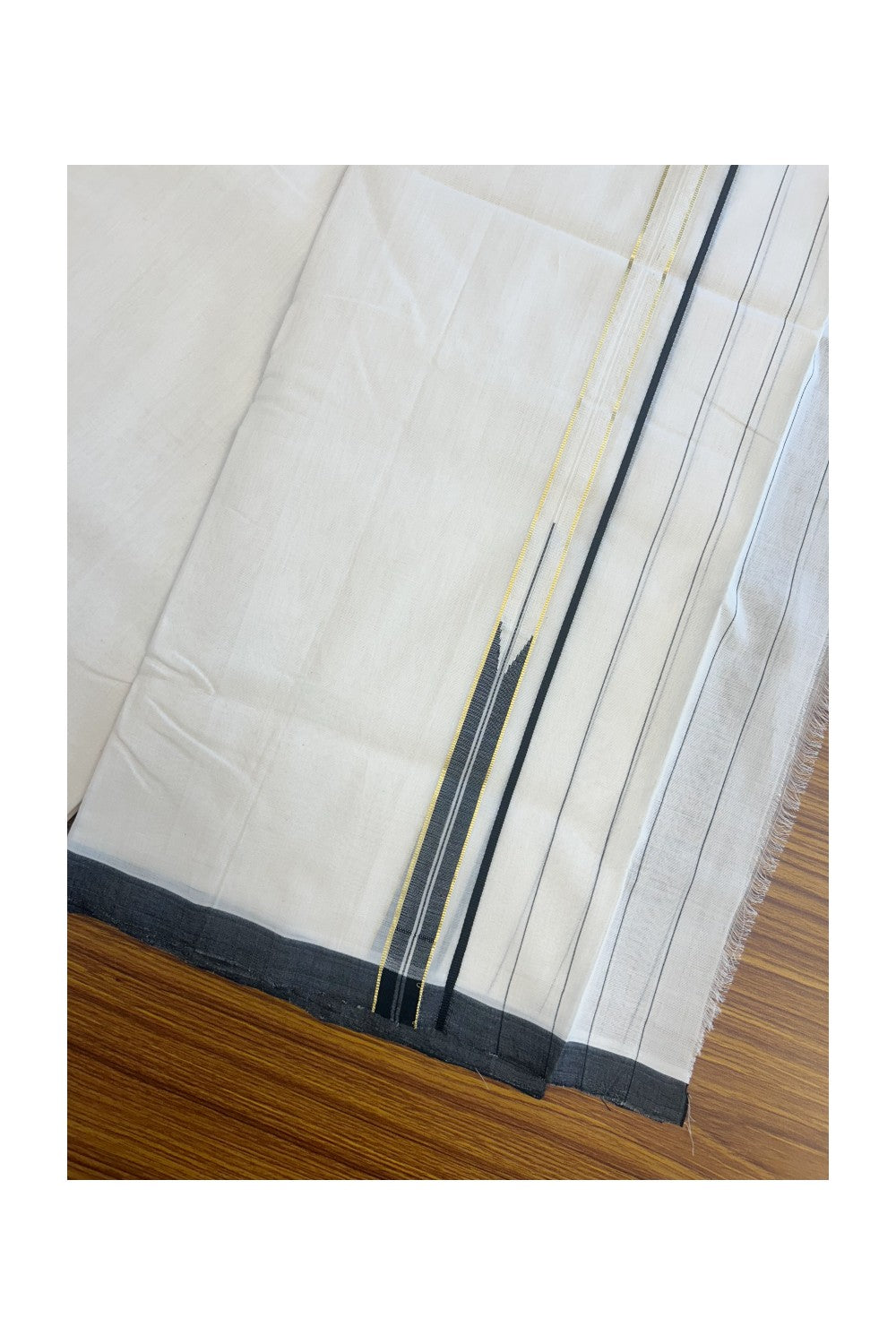 25% DISCOUNT!! KaithariKada HANDLOOM UNAKKUPAAV Balaramapuram - 100% PURE Cotton OFF White - (Unbleached) Double Mundu/Dothi - 100x100 - PURE KASAVU 6 inch Black stripes puliyilakkara chutty 3.80 meter (8.5 Muzham) - 26KK5167REA