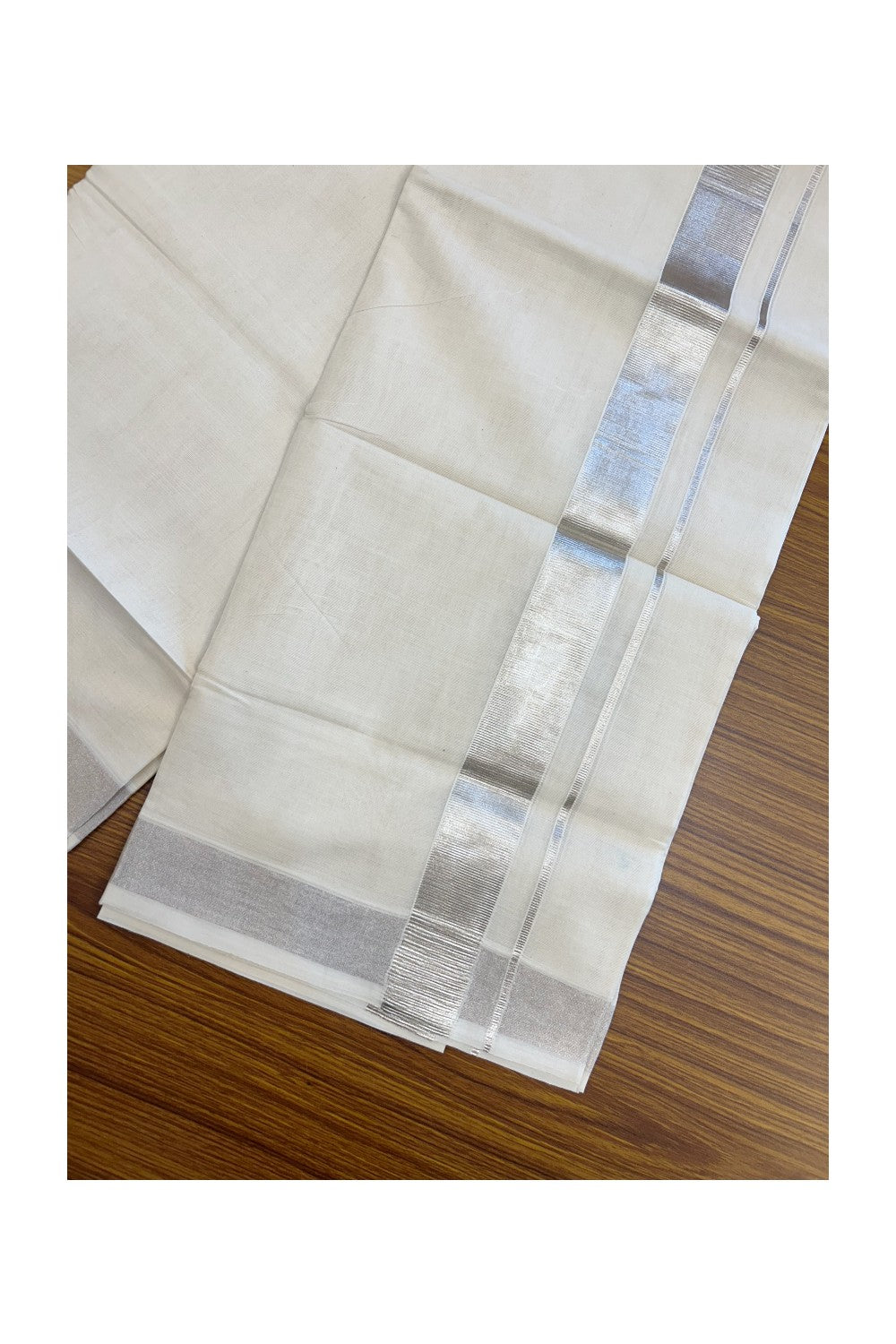20% DISCOUNT! KaithariKada Balaramapuram 100% Cotton Off white (Unbleached) Double Mundu/Dhoti- 80x90 - 1.5 inch Silver Kasavu kara - 21KK5182VAS