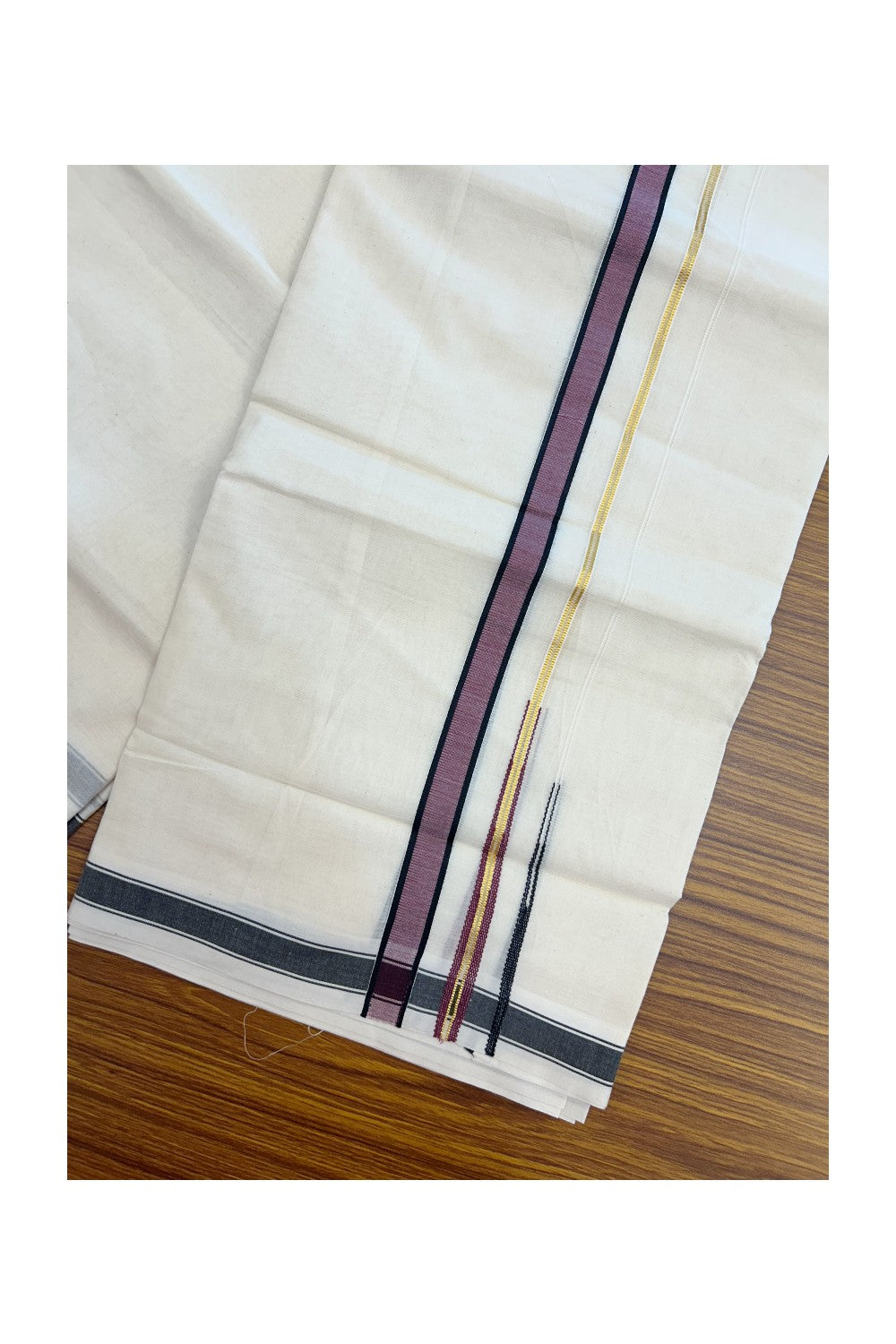 20% DISCOUNT !! KaithariKada Balaramapuram 100% Pure Cotton Double Off white - (Unbleached) Mundu/Dhoti-100x80 - 0.75 inch Puliyilakkara Gold Kasavu Black & Light Wine Shaded Double Chutty Kara - 23KK5186CKS