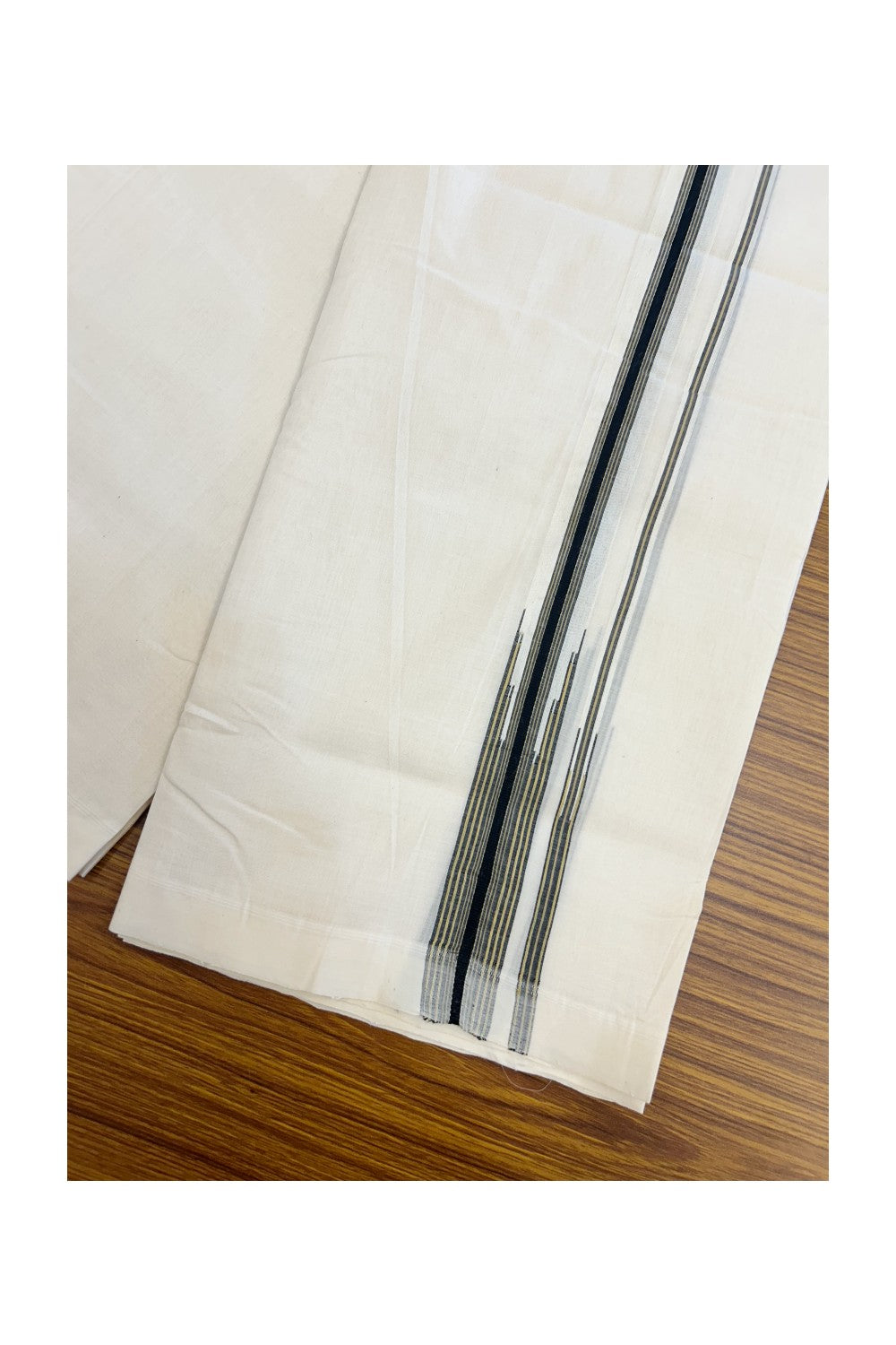 25% DISCOUNT!! KaithariKada HANDLOOM UNAKKUPAAV Balaramapuram - 100% PURE Cotton OFF White - (Unbleached) Double Mundu/Dothi - 80X100 - 1 inch Puliyilakkara Mustard Yellow & Black Striped Chutty Kara 3.80 meter (8.5 Muzham) - 23KK5209 REA