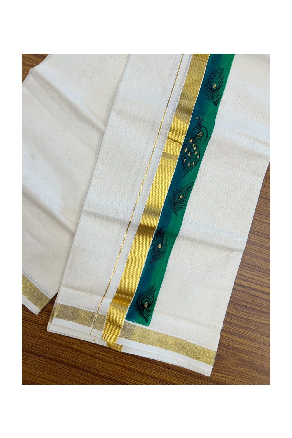 29% Discount! KaithariKada Balaramapuram 100% Cotton off white Double - (Unbleached) Mundu/Dhoti- 80x90 - Gold Kasavu HAND PAINTED Dark Green & Green Peacock Pattern 2.25 inch Kara - 23KK5212 VIN