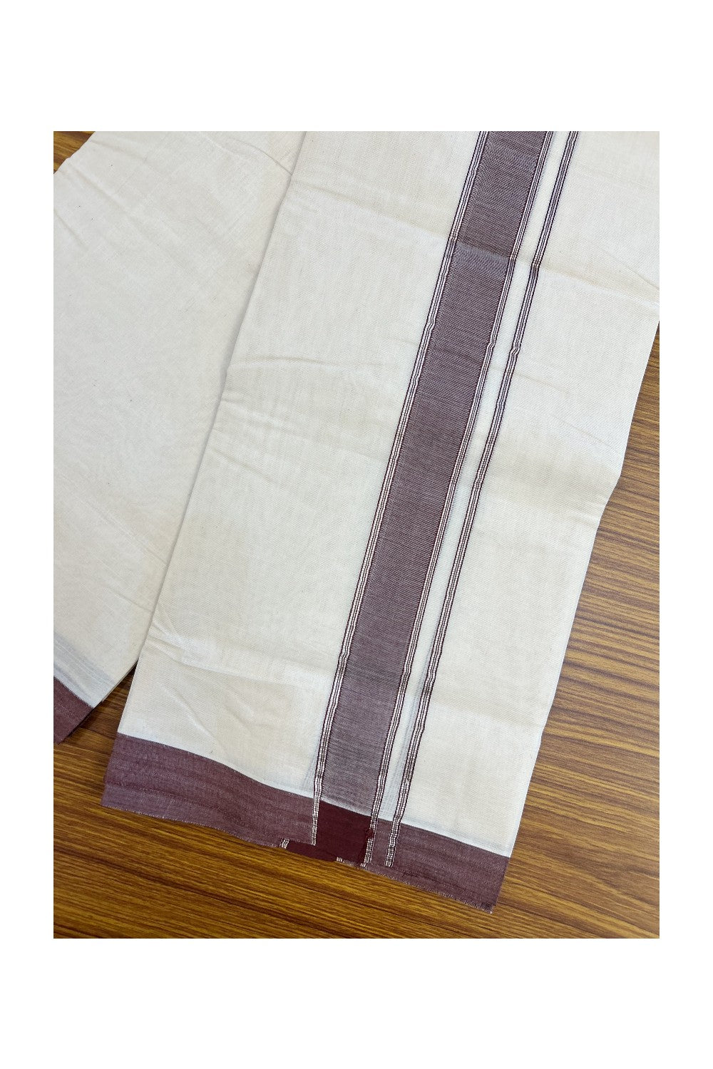 NEW !! 20% DISCOUNT!! KaithariKada Balaramapuram 100% Cotton Double Off white - (Unbleached) Mundu/Dhoti-100x80 - 1.5 inch Silver Kasavu & Brown Shaded Striped KARA - 3.75 mtr (8 Muzham) - 23KK5218 ASH