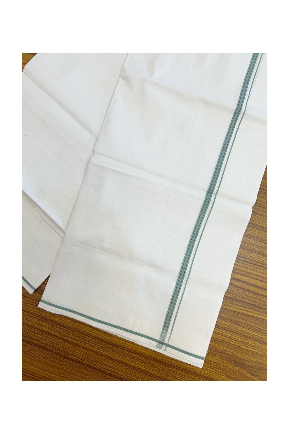 24% Discount !! KaithariKada Balaramapuram 100% Cotton Pure white Single Mundu/Dhoti - Twisted 60s Thread- 1 cm Teal Green & Black Striped Kara (2 meter / 4 muzham) - 23KK5241 GL