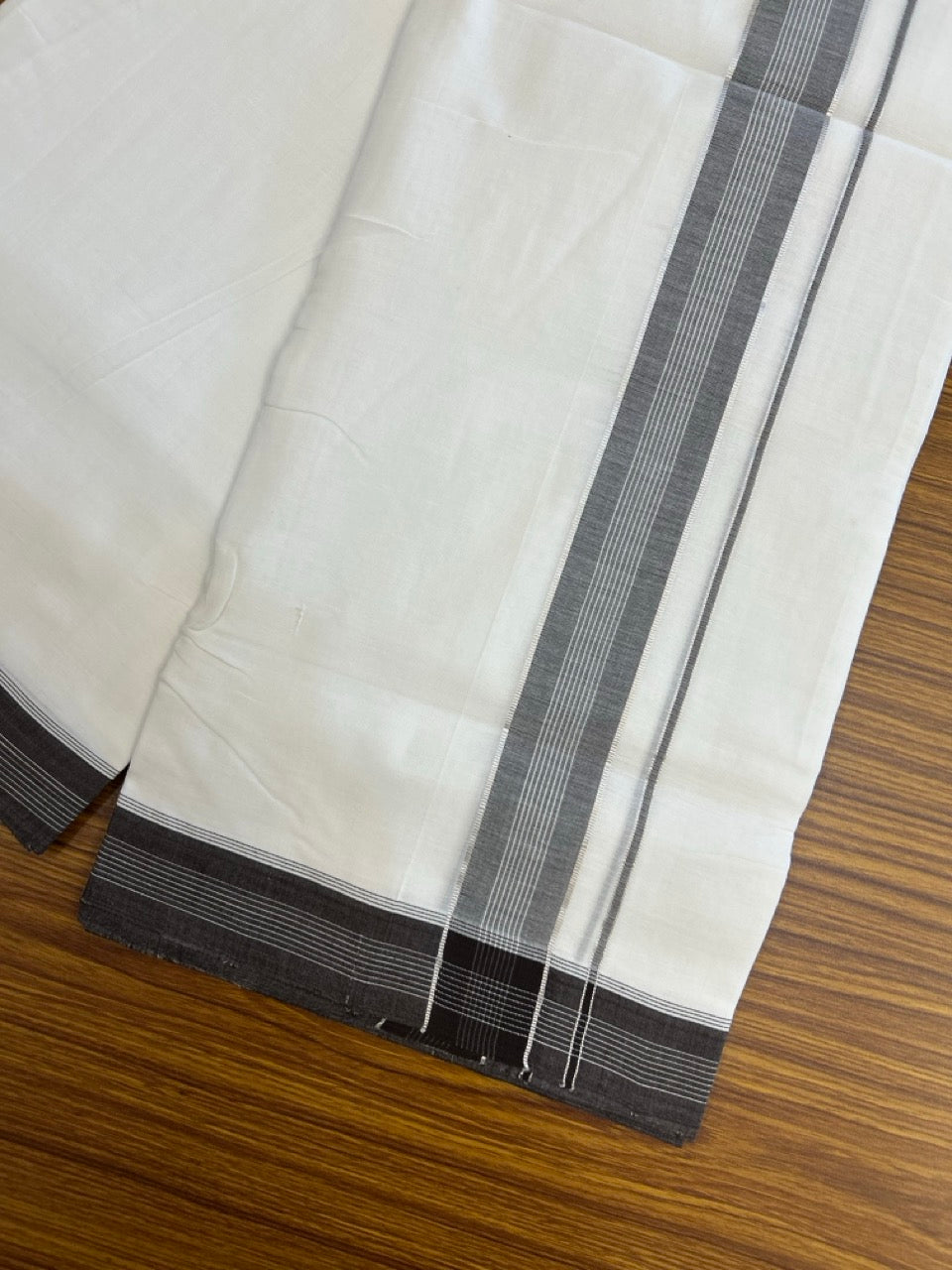 25% Discount!! NEW ULTRA PURE WHITE HANDLOOM Balaramapuram - 100% MERCERISED Cotton Double Mundu/Dhoti - 120 twisted warp x 80s weft - Brown White Silver Kasav Kara- 23KK5248 REA