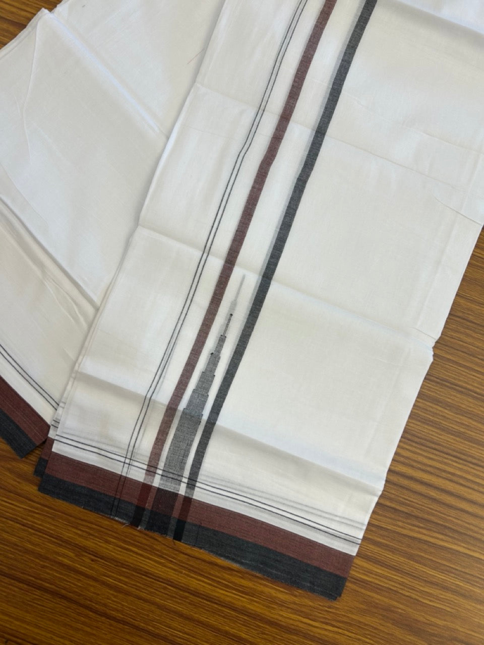 20% Discount ! NEW! KaithariKada Balaramapuram 100% Cotton Pure white Double Mundu/Dhoti - (100x80)s - 1.5 inch Coffee Brown Black chutty - 23 KK5249 VIN