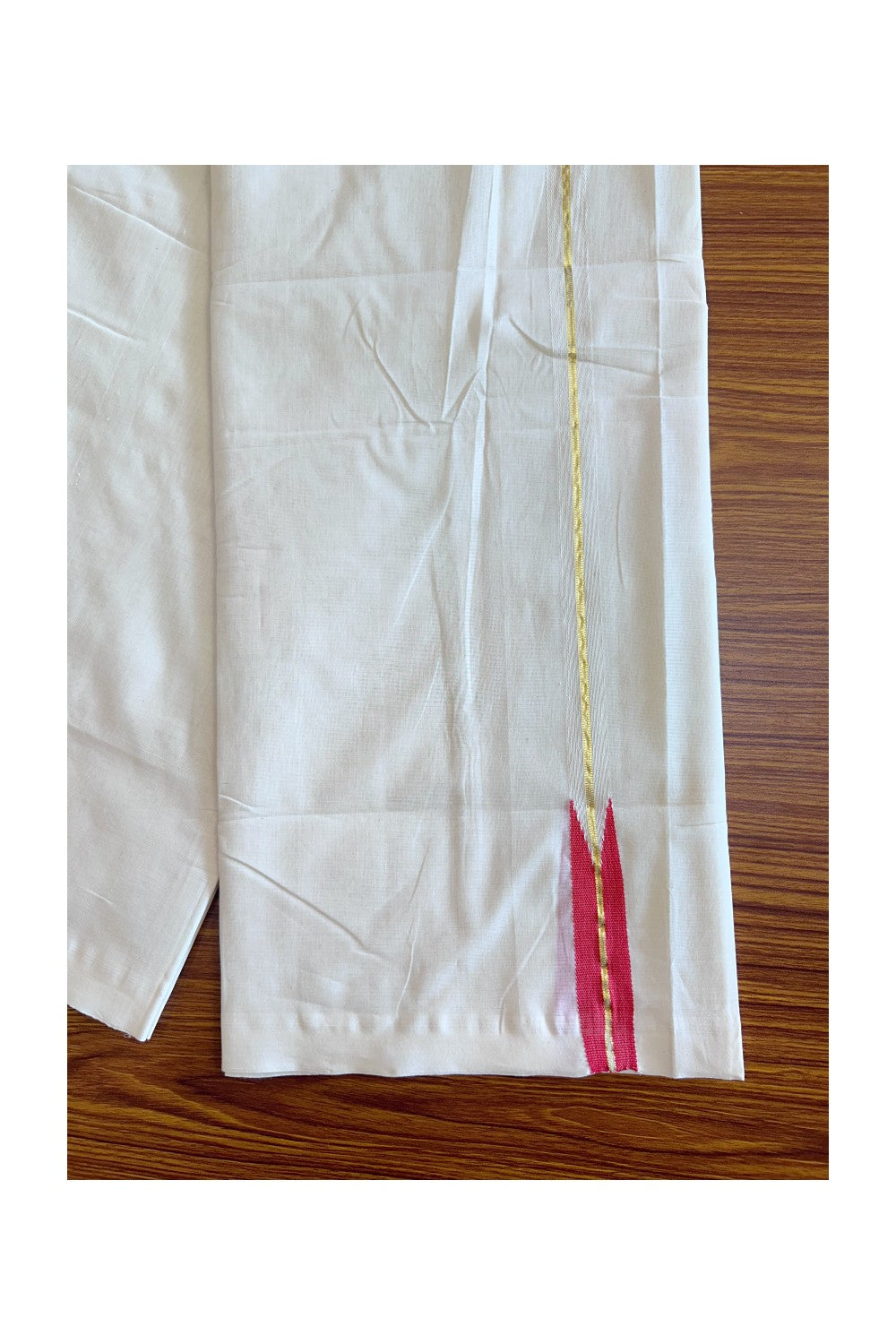 25% Discount!! KaithariKada Handloom Unakkupaav Kerala - 100% Pure Cotton Off White (Unbleached) Double Mund/Dhoti - Pure Jerry Kasavu Red Chutty Puliyilakkara-23KK56RAM