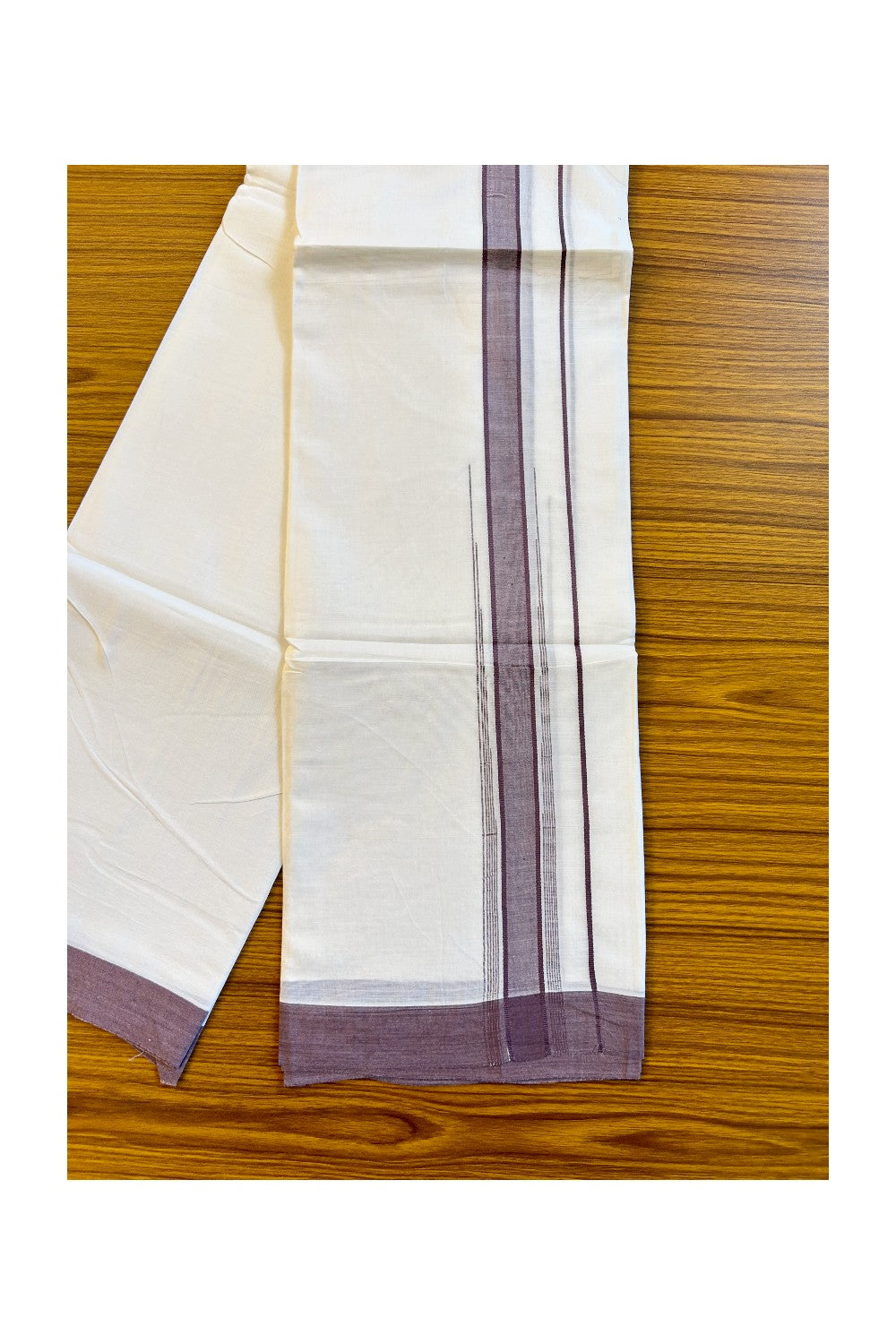 22% DISCOUNT!! Kaitharikada Balaramapuram 100% Cotton PURE WHITE Double Mundu/Dothi-100x100 2.5 Inch Grey Purple Striped Cotton Kara 3.80m (8 Muzham) - 23KK74RAM