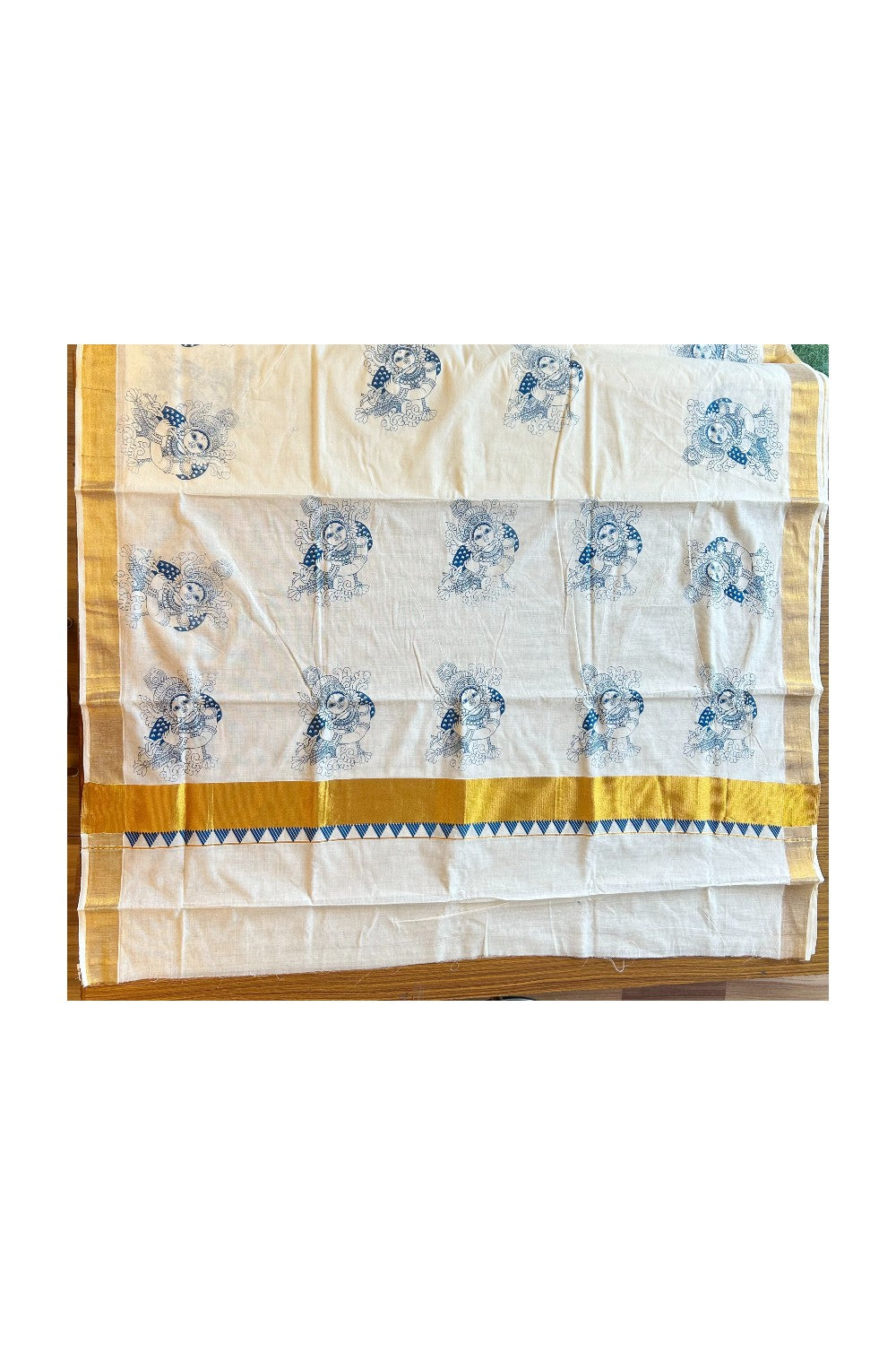 25% Discount! Kaitharikada Kerala Saree - Cotton Off white - Gold Kasavu Zari with Blue Krishna Printed - 23KK300VIN