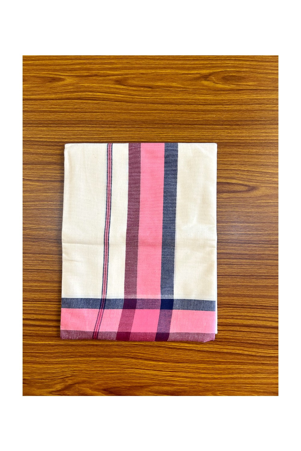 15% Discount!! KaithariKada - Kerala Cotton SINGLE SET MUND FOR WOMEN - EXTRA LENGTH -Navy Blue, Pink & Dull Magenta Stripes Mulloth Kara- 23KK472CKA