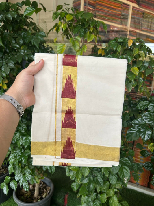 KaithariKada 100% Cotton Double Off White - (Ubleached) Mundu/Dhoti - 80x80 - 1.5 inch Gold Kasavu & Maroon Temple Printed Design Kara - 4 mtr (8 muzham)- 24 KK5262 STH
