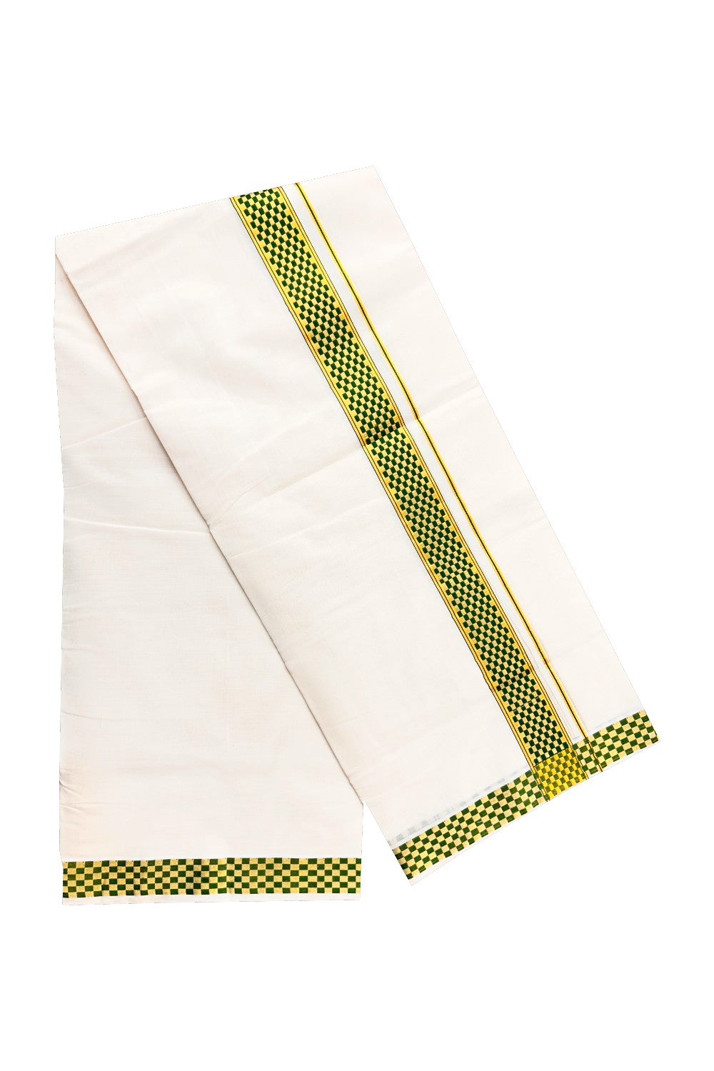 25% DISCOUNT ! KaithariKada HANDLOOM Unakkupaav Balaramapuram - 100% PURE Cotton 3.90 Meter Off White (Unbleached) Double Mundu/Dhoti - Green Check & KASAVU DESIGN 2.5 Inch KARA 3.90 mtr- ABH24