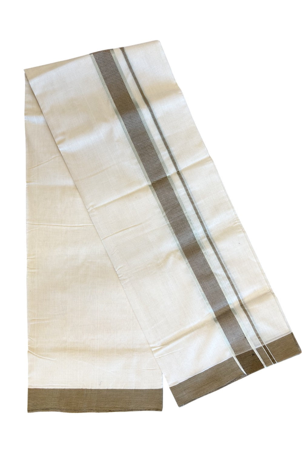25% Discount KaithariKada HANDLOOM UNAKKUPAAV Balaramapuram - 100% PURE Cotton off white (Unbleached) Double Mundu/Dhoti - 2.5inch Sage Green Stripes & Silver Kasavu-88