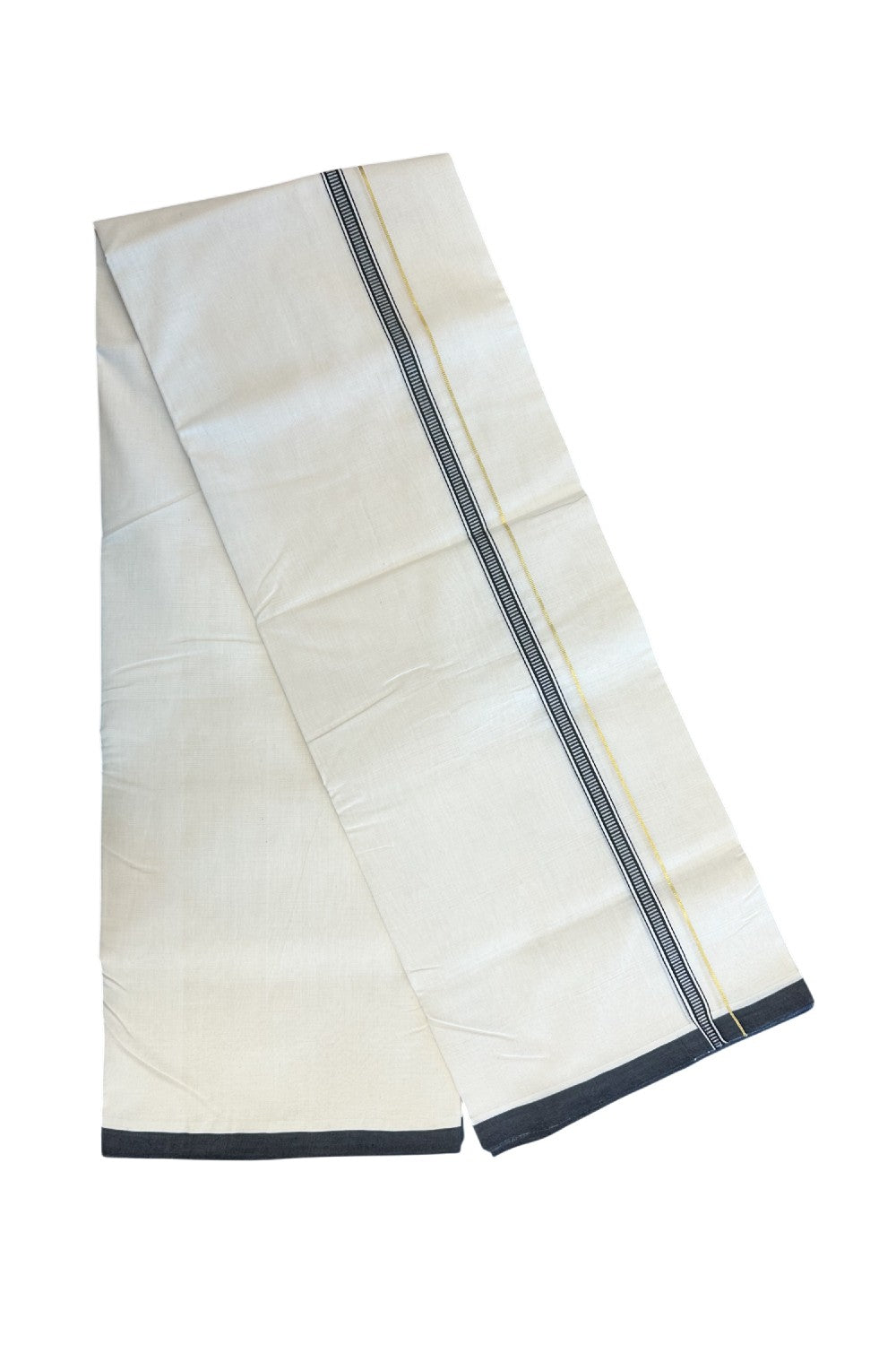 25% DISCOUNT!! KaithariKada HANDLOOM UNAKKUPAAV Balaramapuram - 100% PURE Cotton OFF White - (Unbleached) Double Mundu/Dothi - 100x100 - PURE KASAVU 1.5 cm Black pattern kara 3.80 meter (8.5 Muzham) - 31KK5167REA