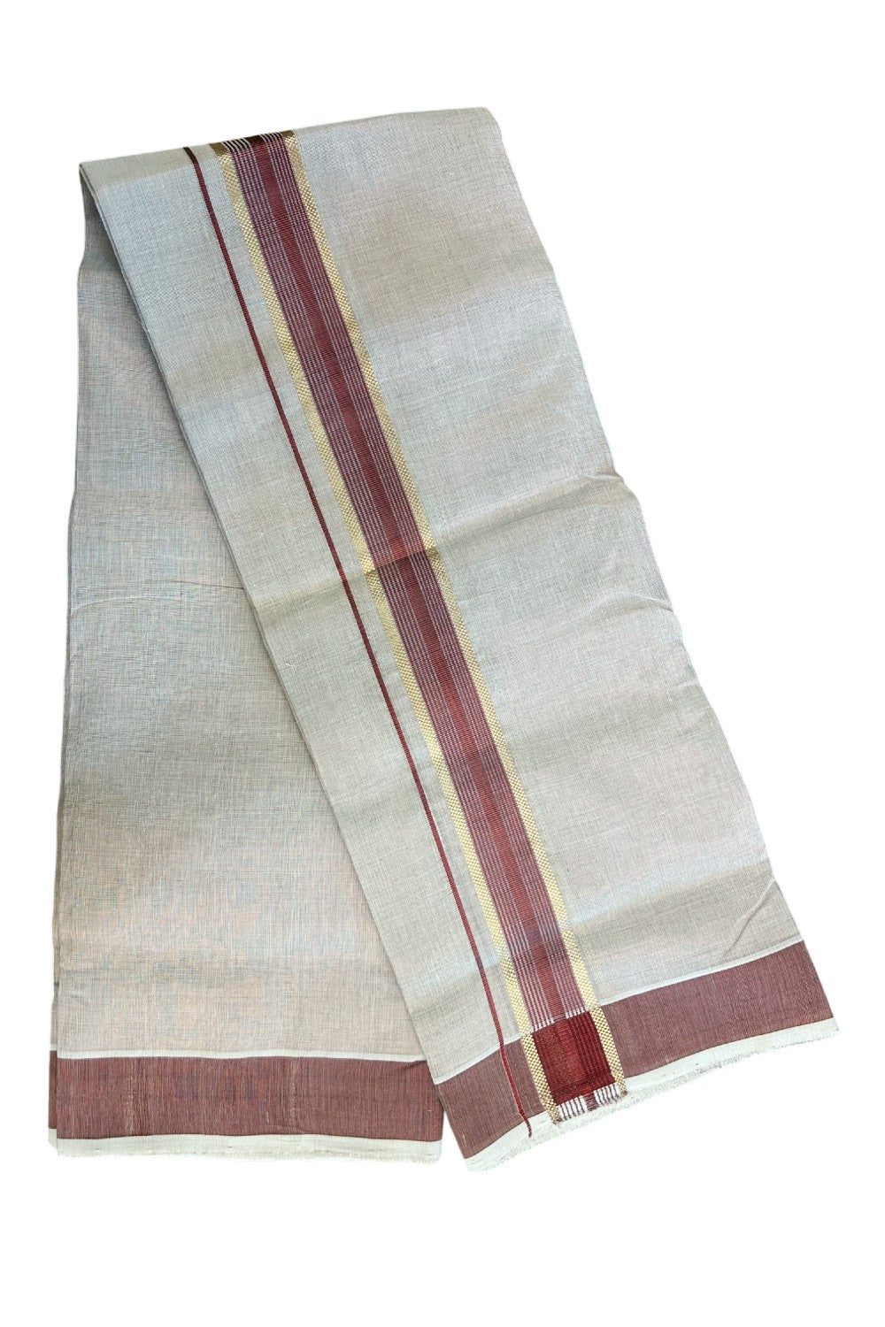 25% DISCOUNT! KaithariKada HANDLOOM MILLPAAV Balaramapuram - 100% PURE Cotton Off White (Unbleached) - Double Mundu/Dhoti - 2 inch Gold Kasavu striped kara & Maroon Tissue Body - 26KK5170RAM