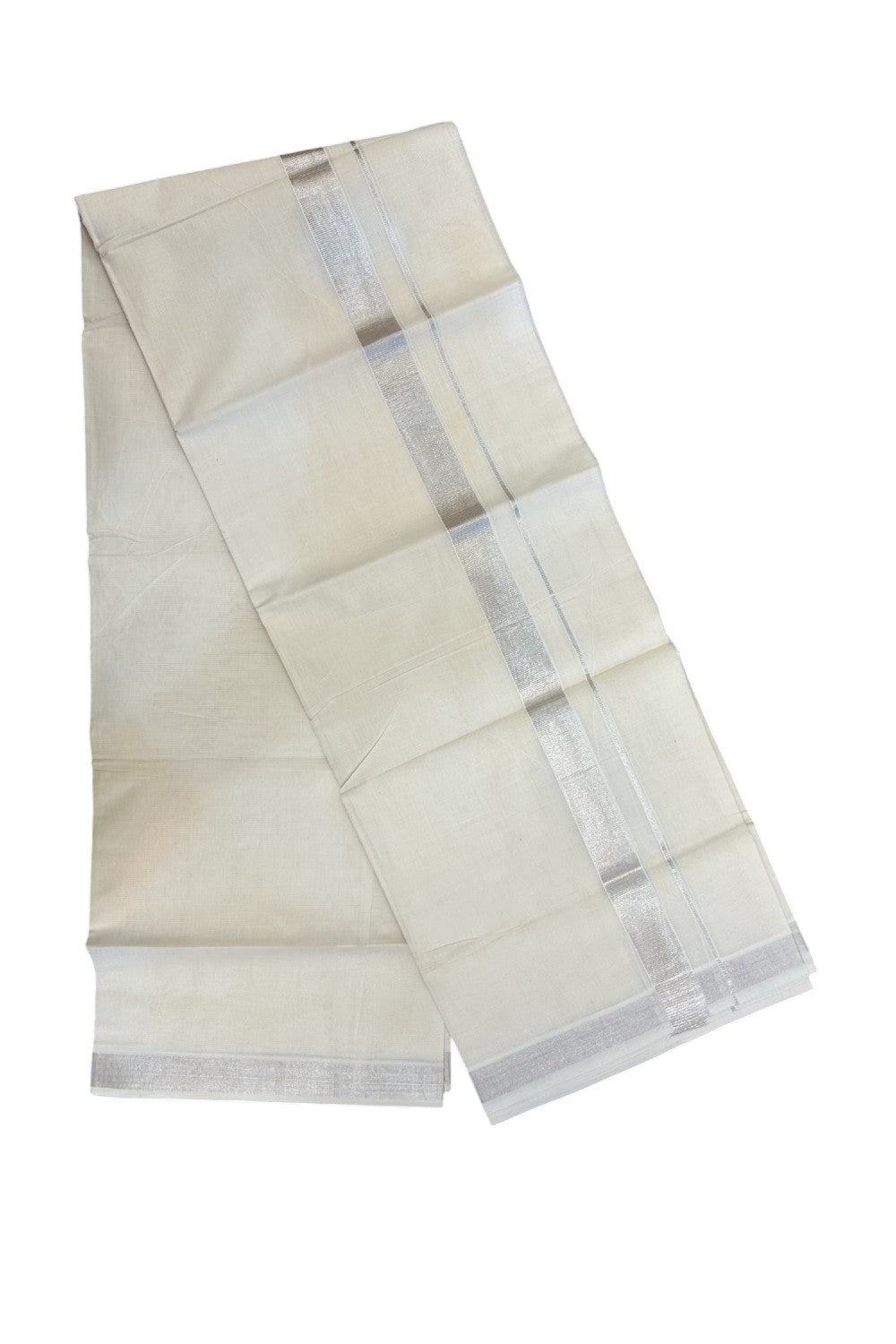 20% DISCOUNT! KaithariKada Balaramapuram 100% Cotton Off white (Unbleached) Double Mundu/Dhoti- 80x90 - 1 inch Silver Kasavu kara - 22KK5182VAS