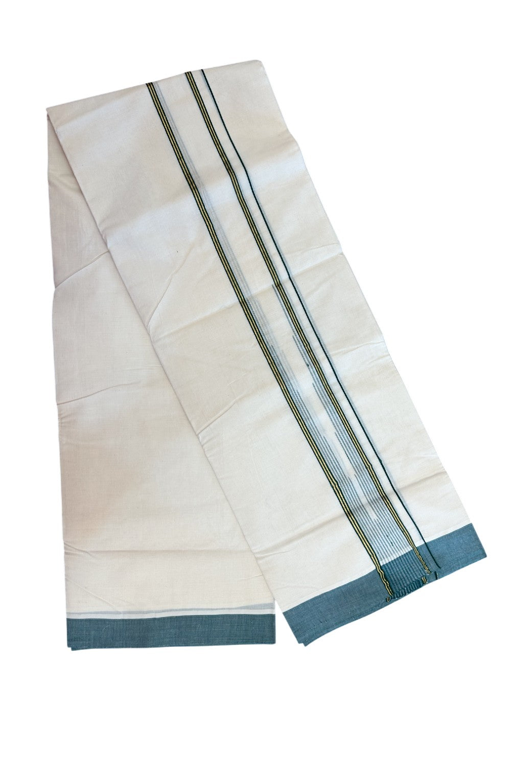 20% DISCOUNT !! KaithariKada Balaramapuram 100% Pure Cotton Double Off white - (Unbleached) Mundu/Dhoti-100x80 - 2 inch Puliyilakkara Gold Kasavu & Dark green Shaded Stripes Chutty Kara - 24KK5186CKS