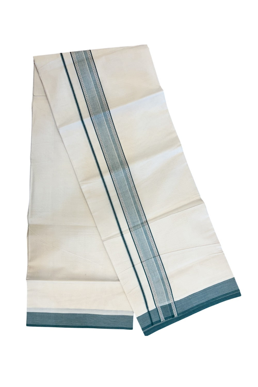 20% DISCOUNT ! KaithariKada Balaramapuram 100% Cotton OFF WHITE (Unbleached) Double Mundu/Dhoti - 100X80 - 1.75 inch Dark Green & Black Shaded Designer Kara - 24KK5213 VIN