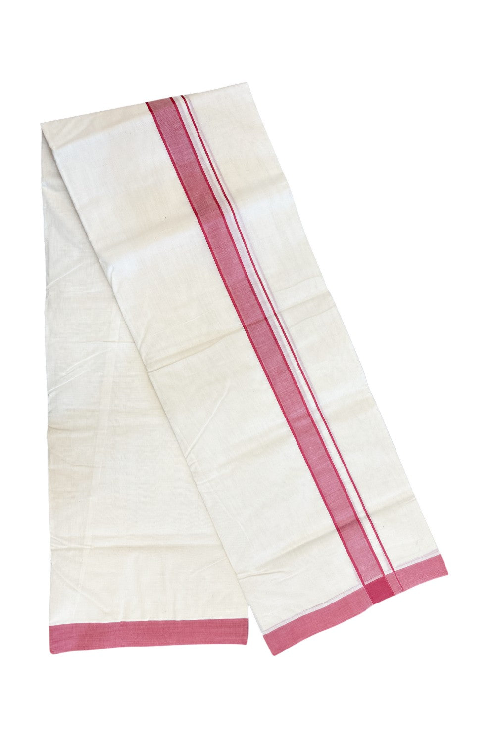NEW !! 20% DISCOUNT!! KaithariKada Balaramapuram 100% Cotton Double Off white - (Unbleached) Mundu/Dhoti-100x80 - 1.25 inch Rose Pink Shaded KARA - 3.75 mtr (8 Muzham) - 24KK5218 ASH
