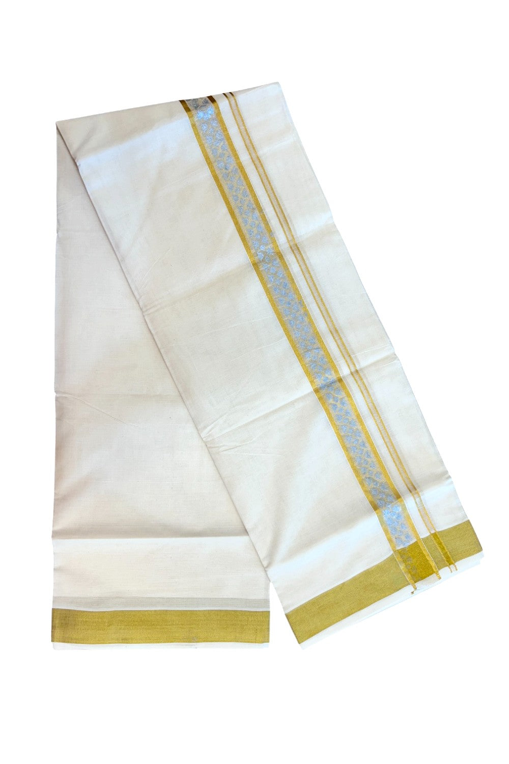 22% Discount!! KaithariKada Balaramapuram 100% Cotton DOUBLE OFF WHITE - (Ubleached) Mundu/Dhoti - 80x90 - 1.5 inch Gold Kasavu with Silver Printed Design Kara - 24KK5219 GAN