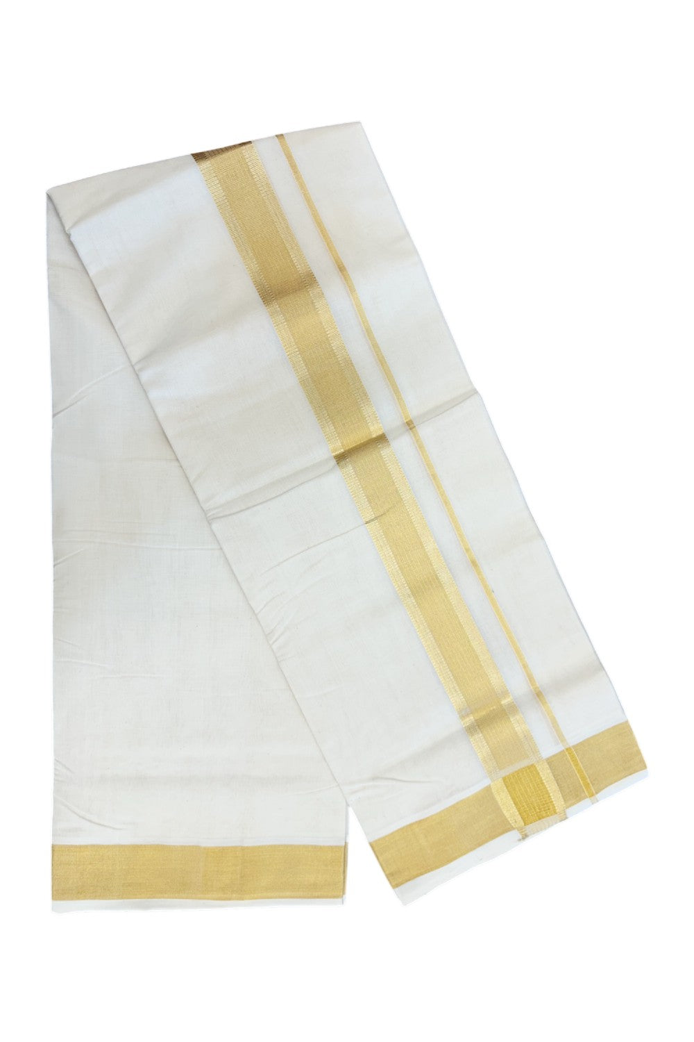 25% DISCOUNT ! KaithariKada HANDLOOM UNAKKUPAAV Balaramapuram - 100% PURE Cotton OFF WHITE (Unbleached) Double Mundu/Dhoti - 80x90 - 2 inch Gold Kasavu Striped Design Kara 4mtr (8.5 muzham) - 24KK5234 RAM