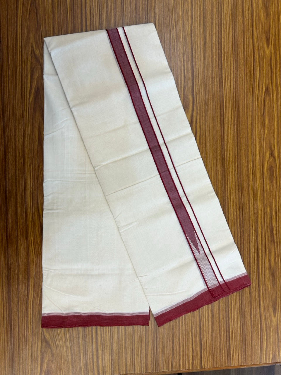 25% DISCOUNT!! KaithariKada HANDLOOM UNAKKUPAAV Balaramapuram - 100% PURE Cotton OFF White - (Unbleached) Double Mundu/Dothi - 100 x 80 - Maroon White Chutty Kara - 3.85meter - 24 KK5249 REA