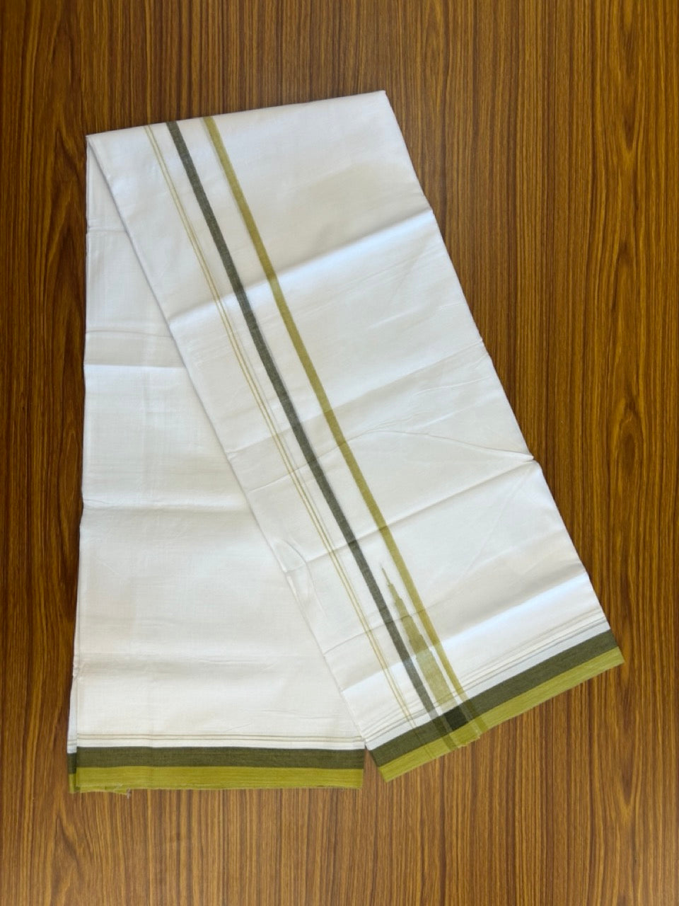 20% Discount ! NEW! KaithariKada Balaramapuram 100% Cotton Pure white Double Mundu/Dhoti - (100x80)s - 1.5 inch Mustard Yellow Sage Green chutty - 24 KK5249 VIN