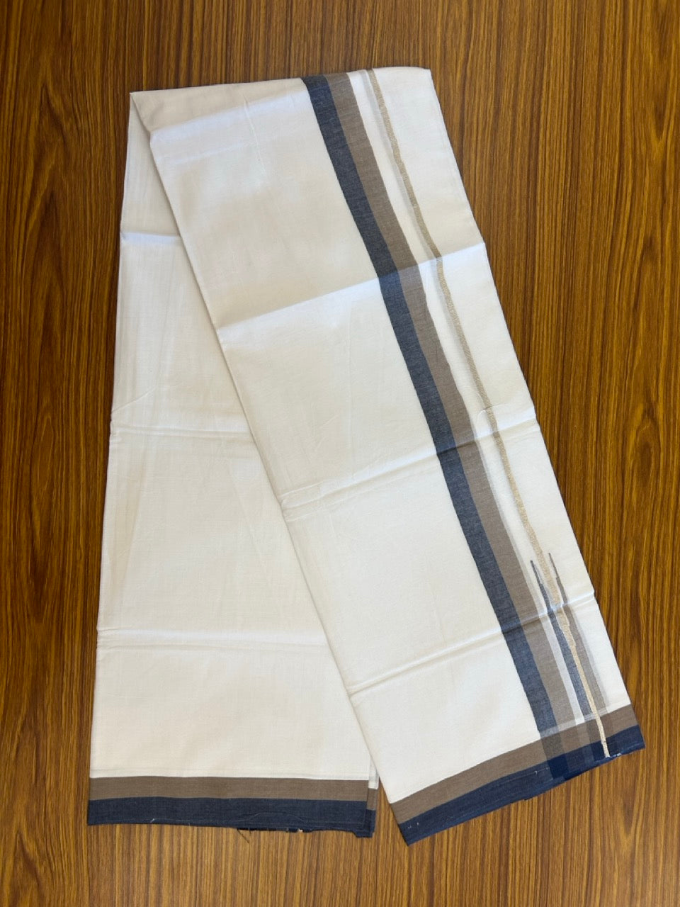 26% Discount ! NEW! KaithariKada Balaramapuram 100% Cotton Pure white Double Mundu/Dhoti - (100x80)s - Brown Navy Blue Chutty Silver Kasav - 24 KK5252 CKS