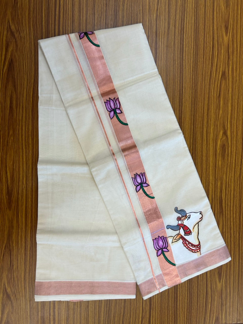 24% Discount! KaithariKada 100% Cotton Double Off white - (Ubleached) Mundu / Dhoti - 100x80 1.5 inch Copper Silver Kasavu & Hand Painted Nandi Lotus Flower - 24 KK5259 CKS