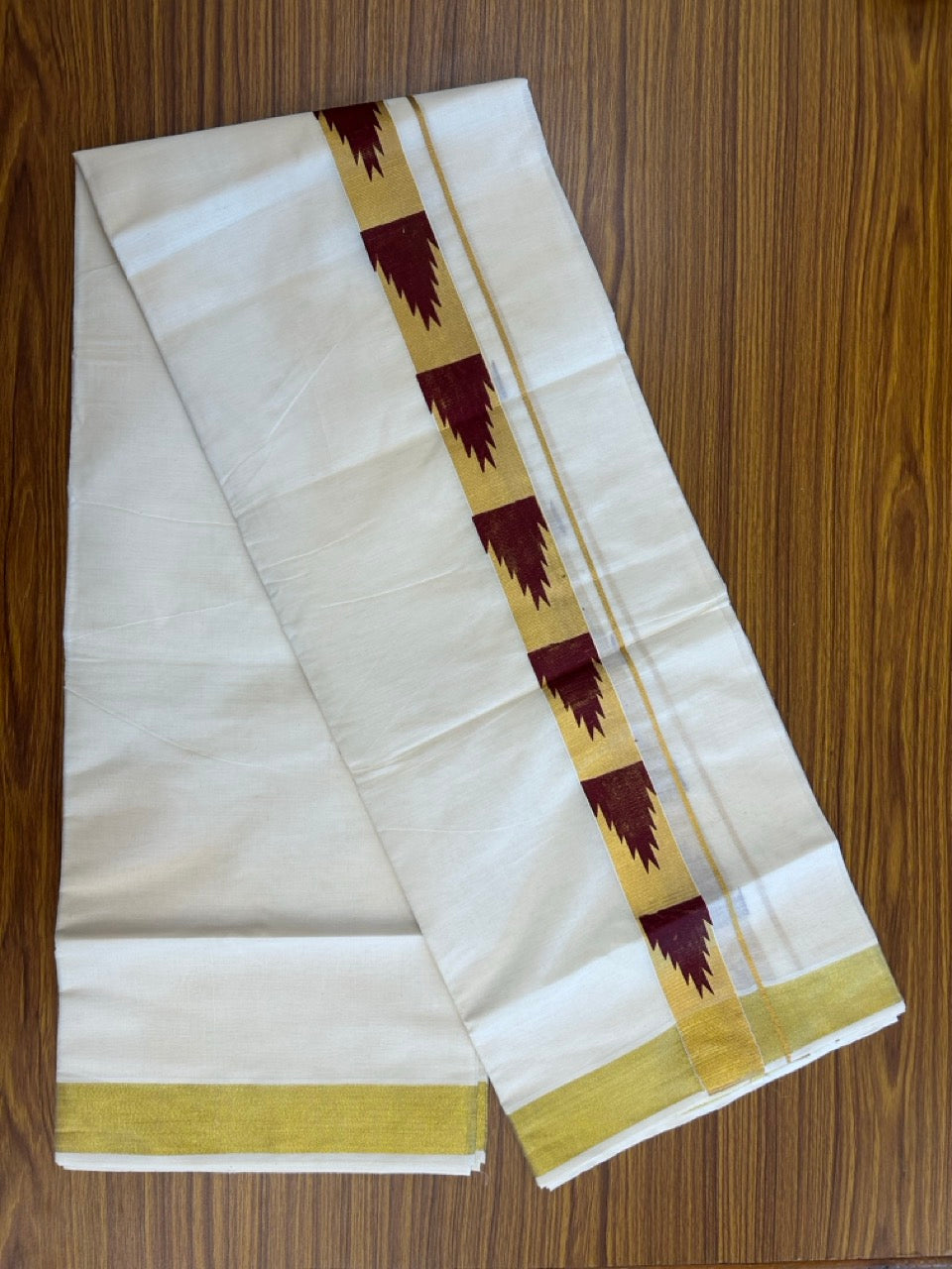 KaithariKada 100% Cotton Double Off White - (Ubleached) Mundu/Dhoti - 80x80 - 1.5 inch Gold Kasavu & Maroon Temple Printed Design Kara - 4 mtr (8 muzham)- 24 KK5262 STH