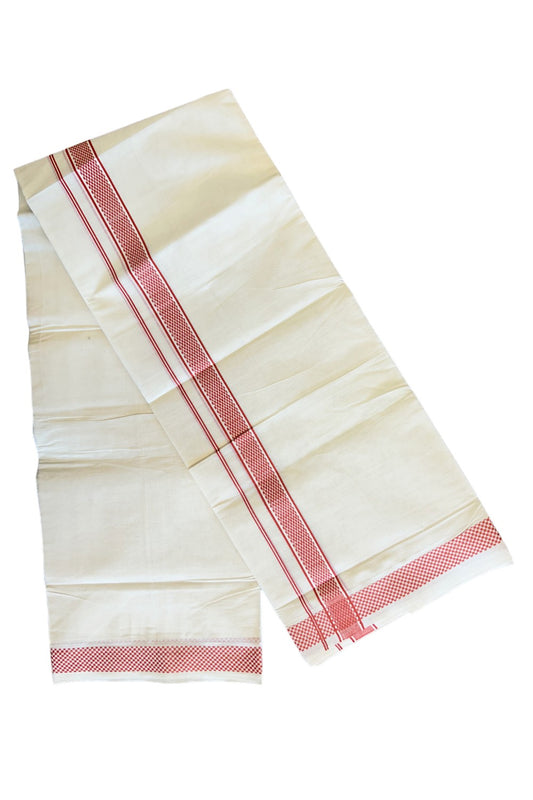 18% Discount! KaithariKada Balaramapuram 100%  Cotton off white (Unbleached) Double  Mundu/Dhoti - 100X100  Brick red check design kara - 24KK78PMC