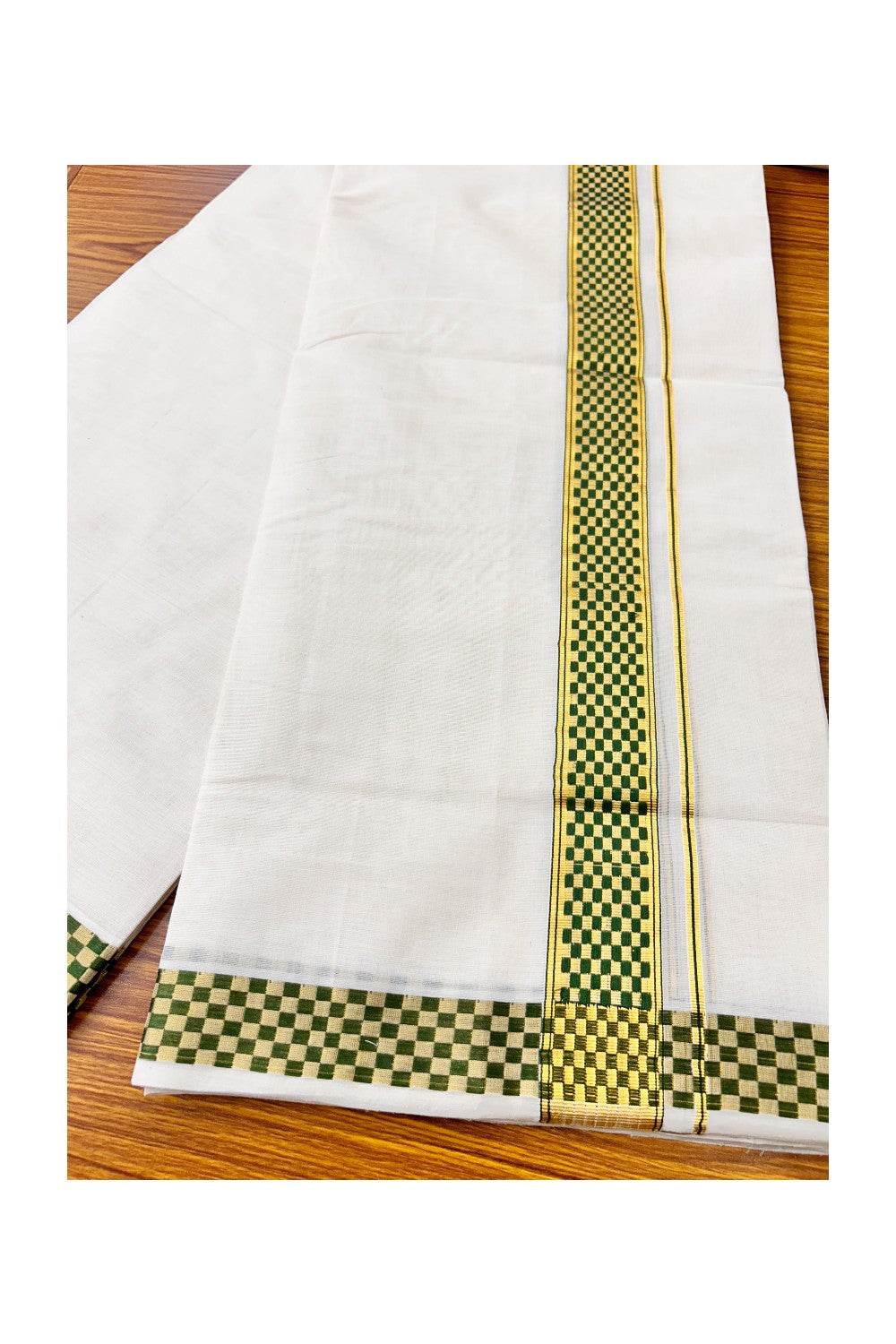 25% DISCOUNT ! KaithariKada HANDLOOM Unakkupaav Balaramapuram - 100% PURE Cotton 3.90 Meter Off White (Unbleached) Double Mundu/Dhoti - Green Check & KASAVU DESIGN 2.5 Inch KARA 3.90 mtr- ABH24