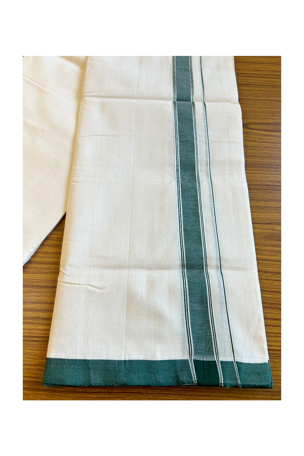 25% DISCOUNT!! KaithariKada HANDLOOM UNAKKUPAAV Balaramapuram - 100% PURE Cotton OFF White (Unbleached) Double Mundu/Dothi - 2 Inch Green & silver Kara - 24KK456KK