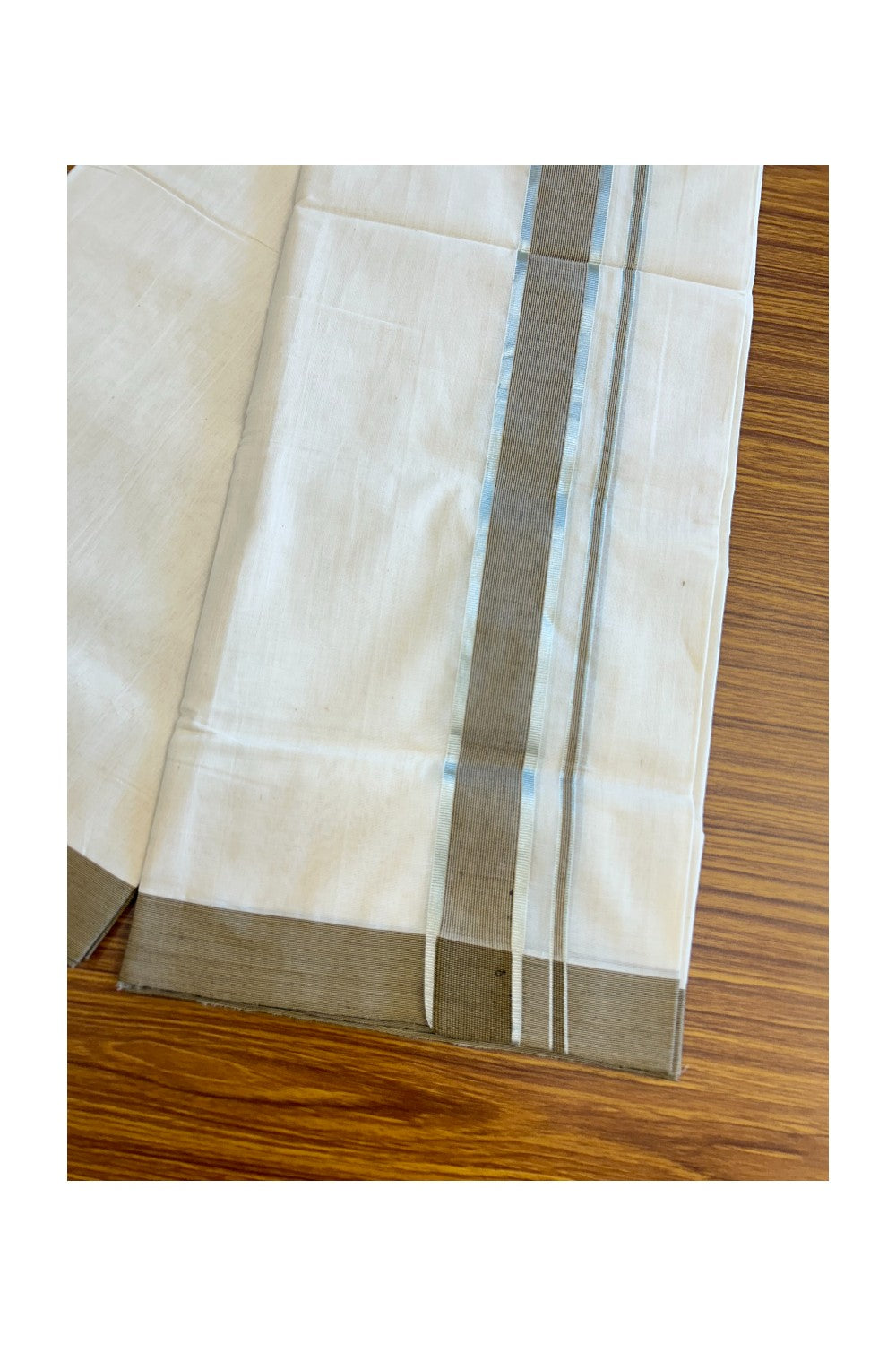 25% Discount KaithariKada HANDLOOM UNAKKUPAAV Balaramapuram - 100% PURE Cotton off white (Unbleached) Double Mundu/Dhoti - 2.5inch Sage Green Stripes & Silver Kasavu-88