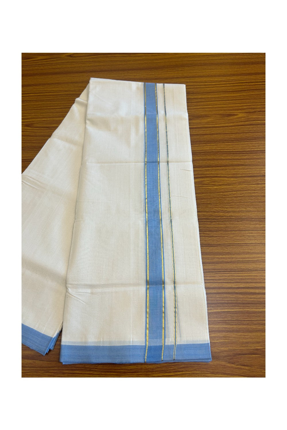 25% Discount KaithariKada HANDLOOM Unakkupaav Balaramapuram - 100% PURE Cotton Off White (Unbleached) - 100x100 Double Mundu/Dhoti - 2 inch Kasavu & Sky Blue Kara- 101