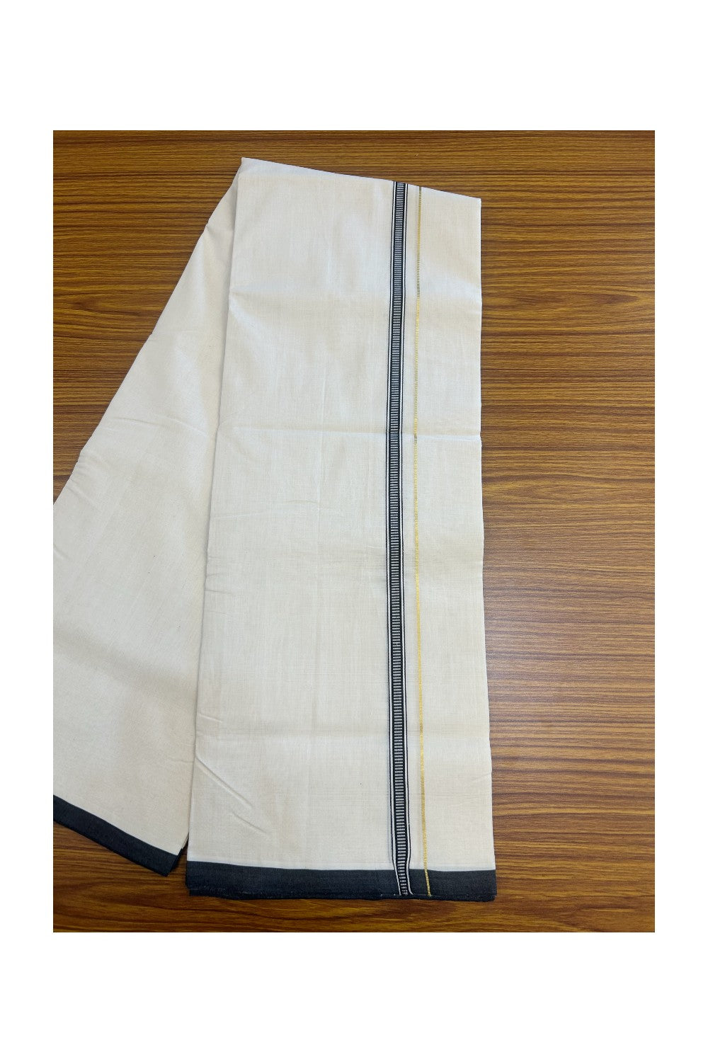 25% DISCOUNT!! KaithariKada HANDLOOM UNAKKUPAAV Balaramapuram - 100% PURE Cotton OFF White - (Unbleached) Double Mundu/Dothi - 100x100 - PURE KASAVU 1.5 cm Black pattern kara 3.80 meter (8.5 Muzham) - 31KK5167REA