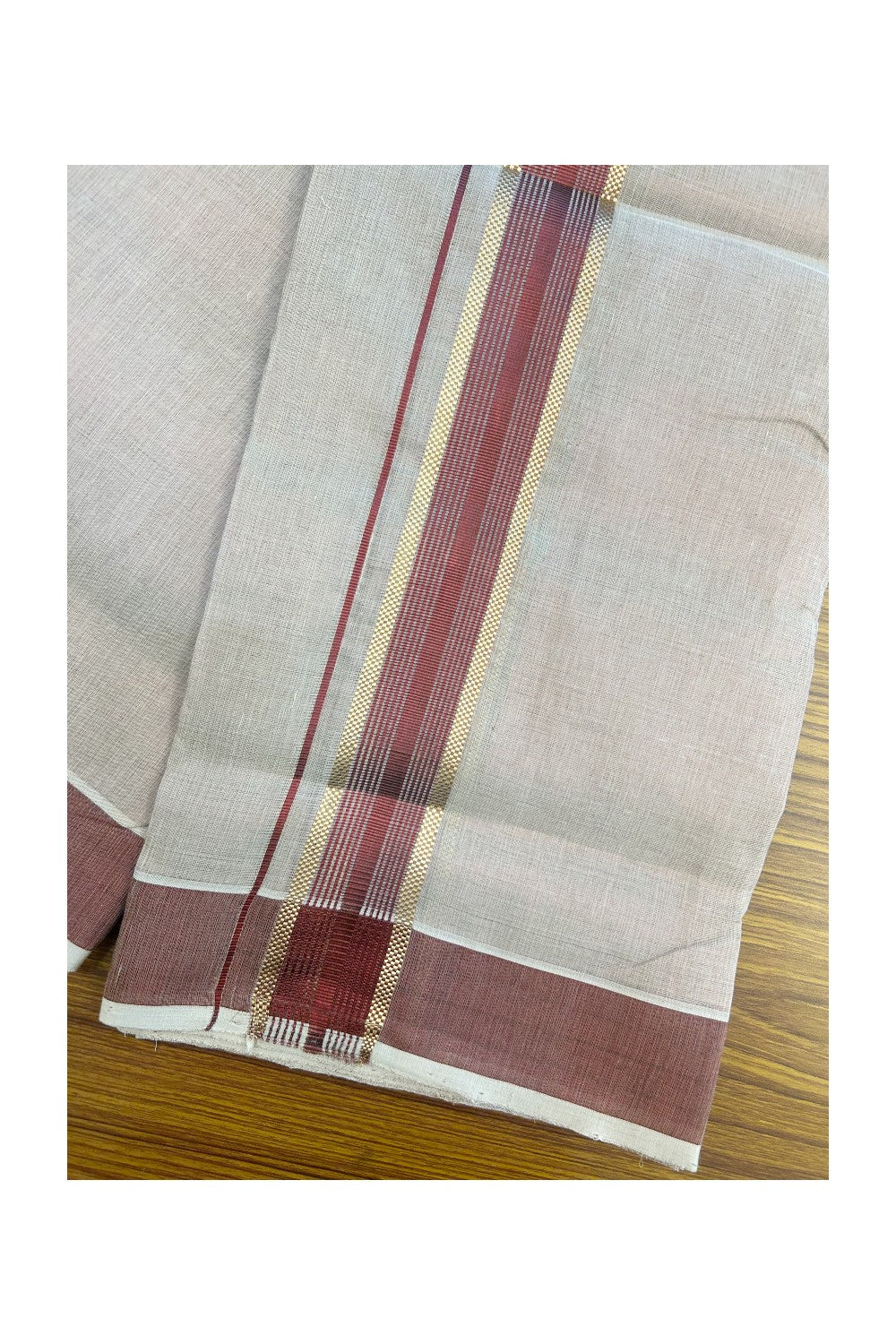 25% DISCOUNT! KaithariKada HANDLOOM MILLPAAV Balaramapuram - 100% PURE Cotton Off White (Unbleached) - Double Mundu/Dhoti - 2 inch Gold Kasavu striped kara & Maroon Tissue Body - 26KK5170RAM