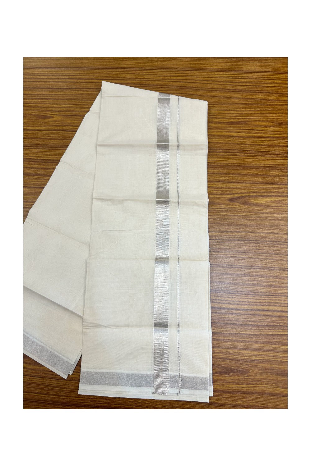 20% DISCOUNT! KaithariKada Balaramapuram 100% Cotton Off white (Unbleached) Double Mundu/Dhoti- 80x90 - 1 inch Silver Kasavu kara - 22KK5182VAS