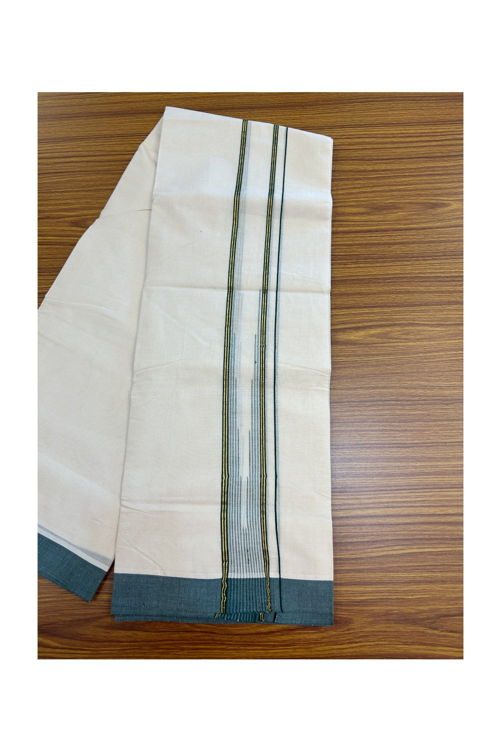 20% DISCOUNT !! KaithariKada Balaramapuram 100% Pure Cotton Double Off white - (Unbleached) Mundu/Dhoti-100x80 - 2 inch Puliyilakkara Gold Kasavu & Dark green Shaded Stripes Chutty Kara - 24KK5186CKS