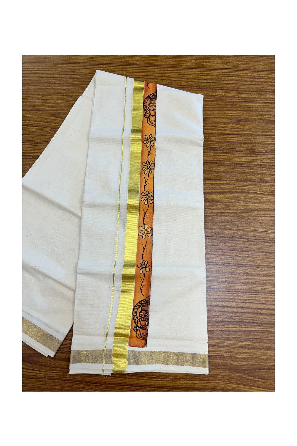 29% Discount! KaithariKada Balaramapuram 100% Cotton off white Double - (Unbleached) Mundu/Dhoti- 80x90 - Gold Kasavu HAND PAINT Orange & Yellow Kathakali Flower Pattern 2.25 inch Kara - 24KK5212 VIN