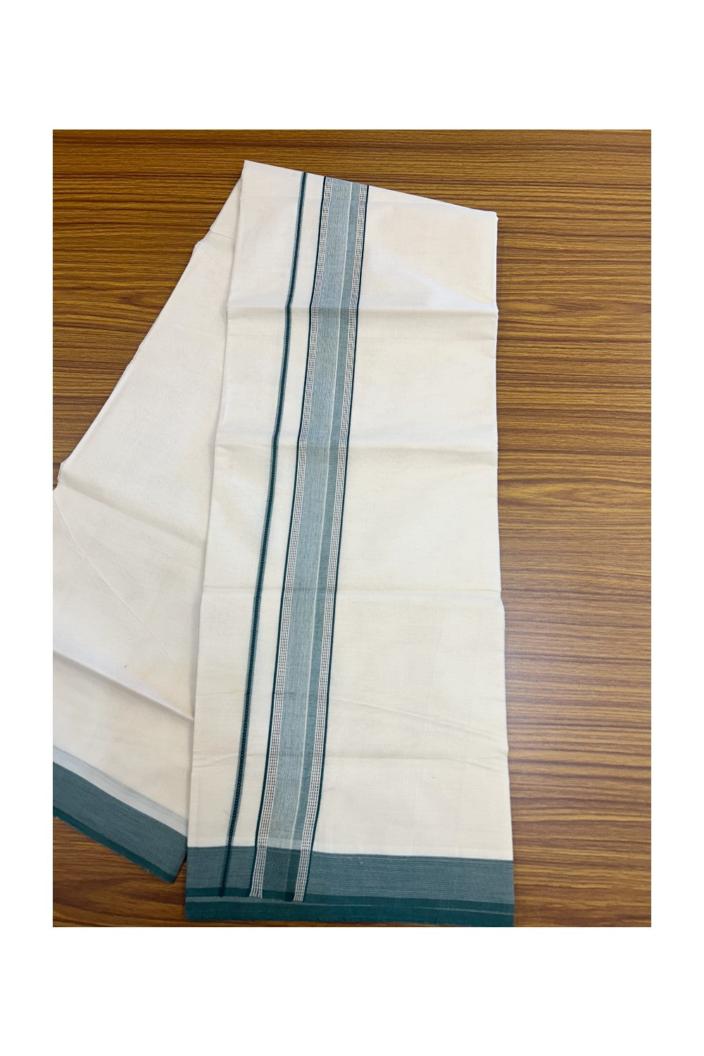 20% DISCOUNT ! KaithariKada Balaramapuram 100% Cotton OFF WHITE (Unbleached) Double Mundu/Dhoti - 100X80 - 1.75 inch Dark Green & Black Shaded Designer Kara - 24KK5213 VIN