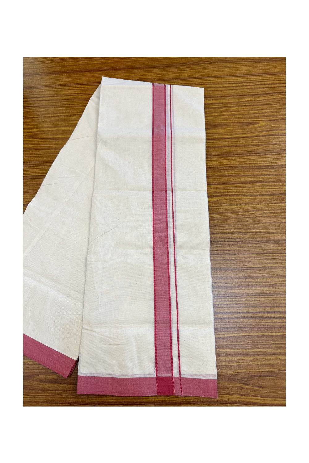 NEW !! 20% DISCOUNT!! KaithariKada Balaramapuram 100% Cotton Double Off white - (Unbleached) Mundu/Dhoti-100x80 - 1.25 inch Rose Pink Shaded KARA - 3.75 mtr (8 Muzham) - 24KK5218 ASH