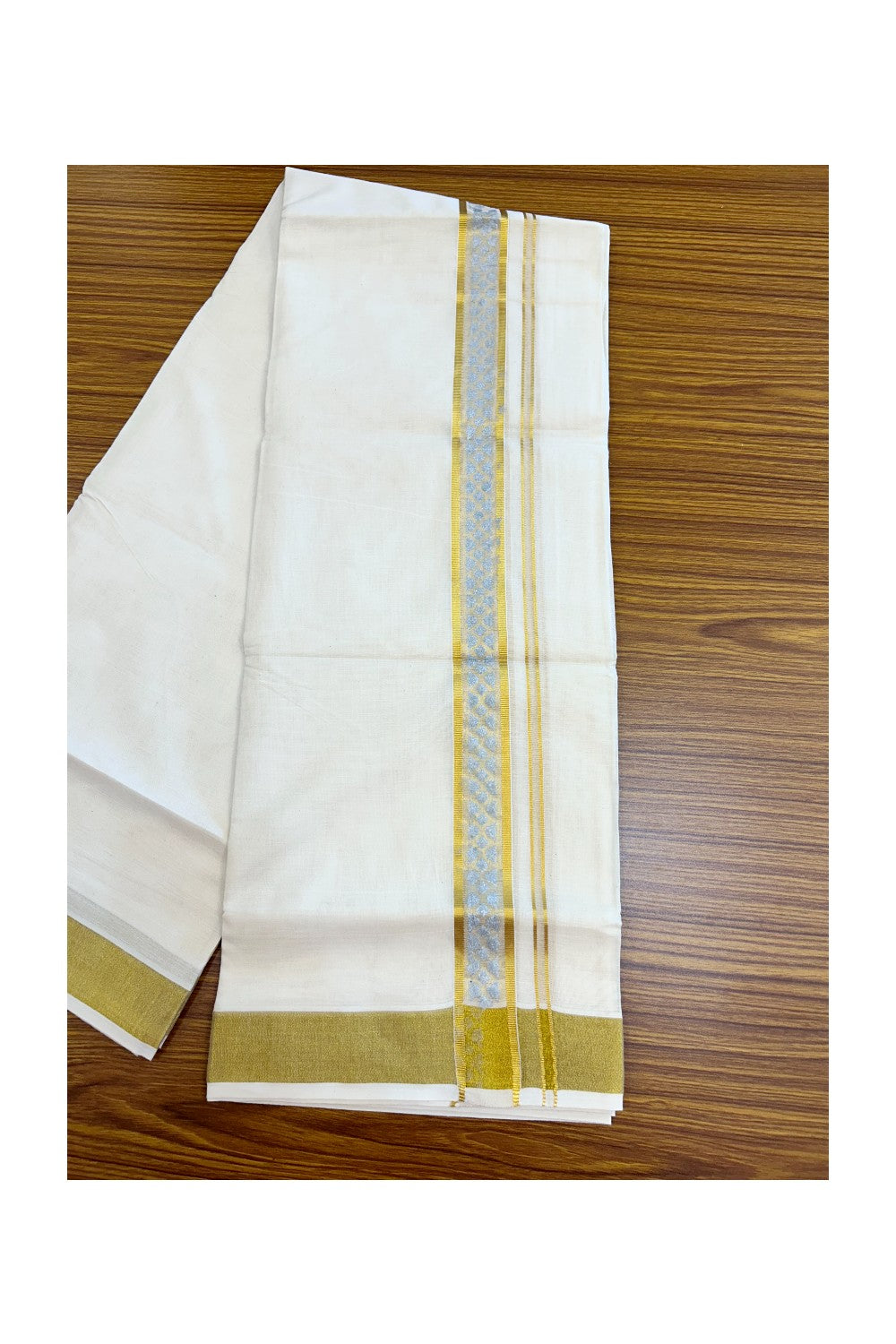 22% Discount!! KaithariKada Balaramapuram 100% Cotton DOUBLE OFF WHITE - (Ubleached) Mundu/Dhoti - 80x90 - 1.5 inch Gold Kasavu with Silver Printed Design Kara - 24KK5219 GAN