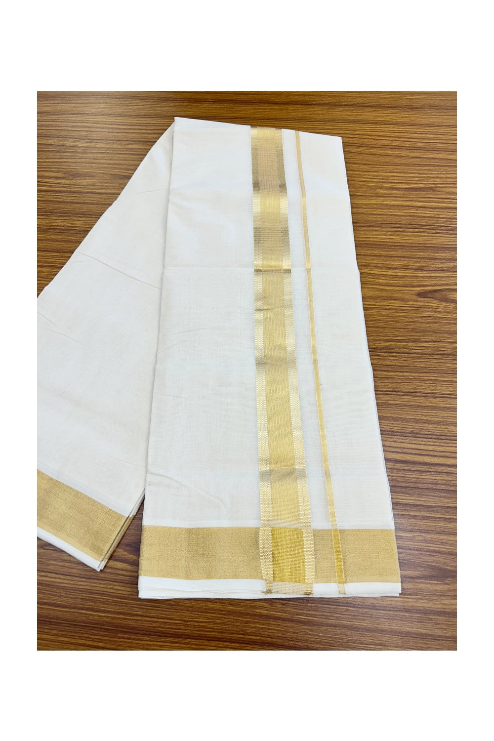 25% DISCOUNT ! KaithariKada HANDLOOM UNAKKUPAAV Balaramapuram - 100% PURE Cotton OFF WHITE (Unbleached) Double Mundu/Dhoti - 80x90 - 2 inch Gold Kasavu Striped Design Kara 4mtr (8.5 muzham) - 24KK5234 RAM
