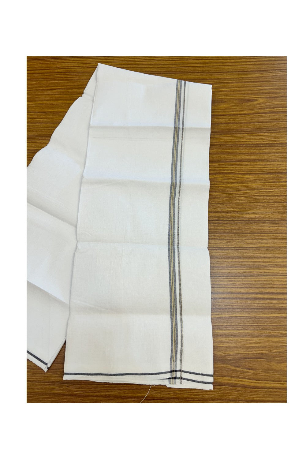 24% Discount !! KaithariKada Balaramapuram 100% Cotton Pure white Single Mundu/Dhoti - Twisted 60s Thread- 0.5 inch Silver Kasavu Navy Blue & Yellow Striped Kara (2 meter / 4 muzham) - 24KK5241 GL